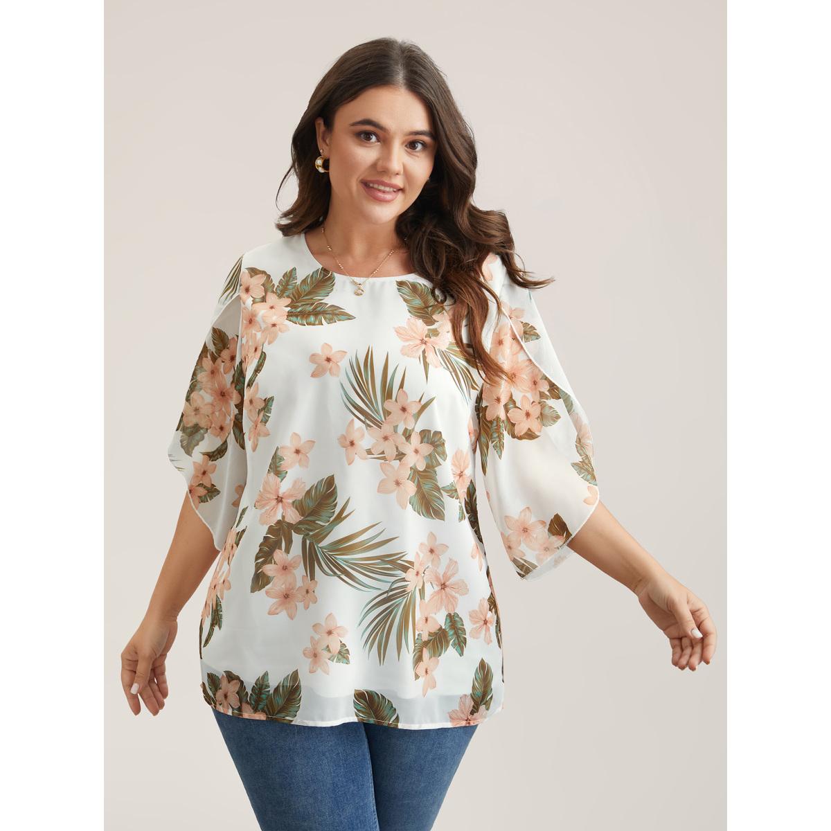 Plus Size WhiteSmoke Petal Sleeve Floral Round Neck Shirt Women Resort Elbow-length sleeve Round Neck Vacation Blouses BloomChic 26/4X Product Image