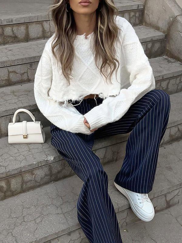 High Waisted Wide Pants Buttoned Striped Pants Trousers Product Image