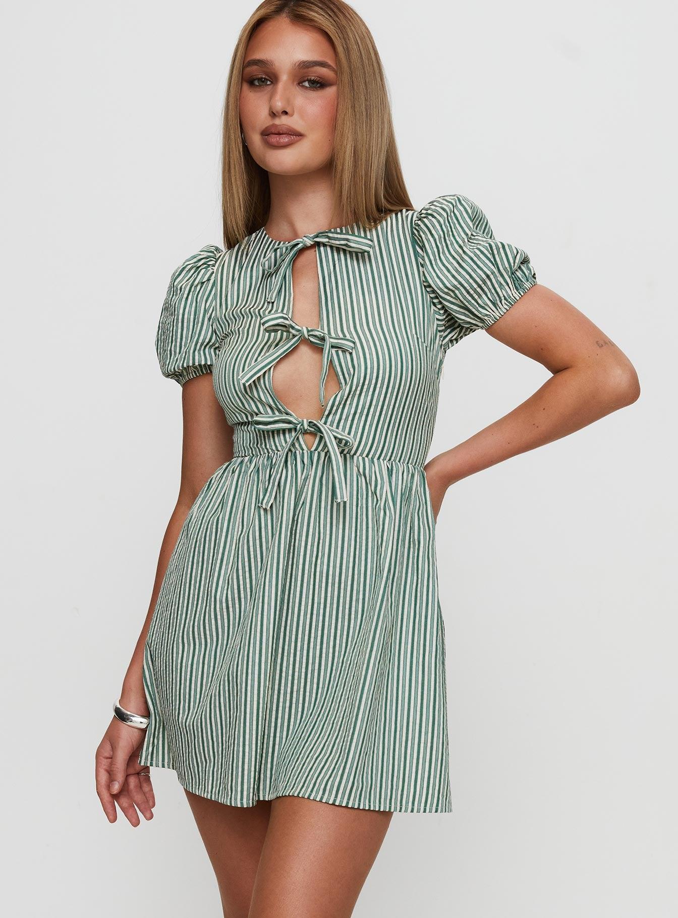 Nurture Bow Mini Dress Green Stripe Product Image
