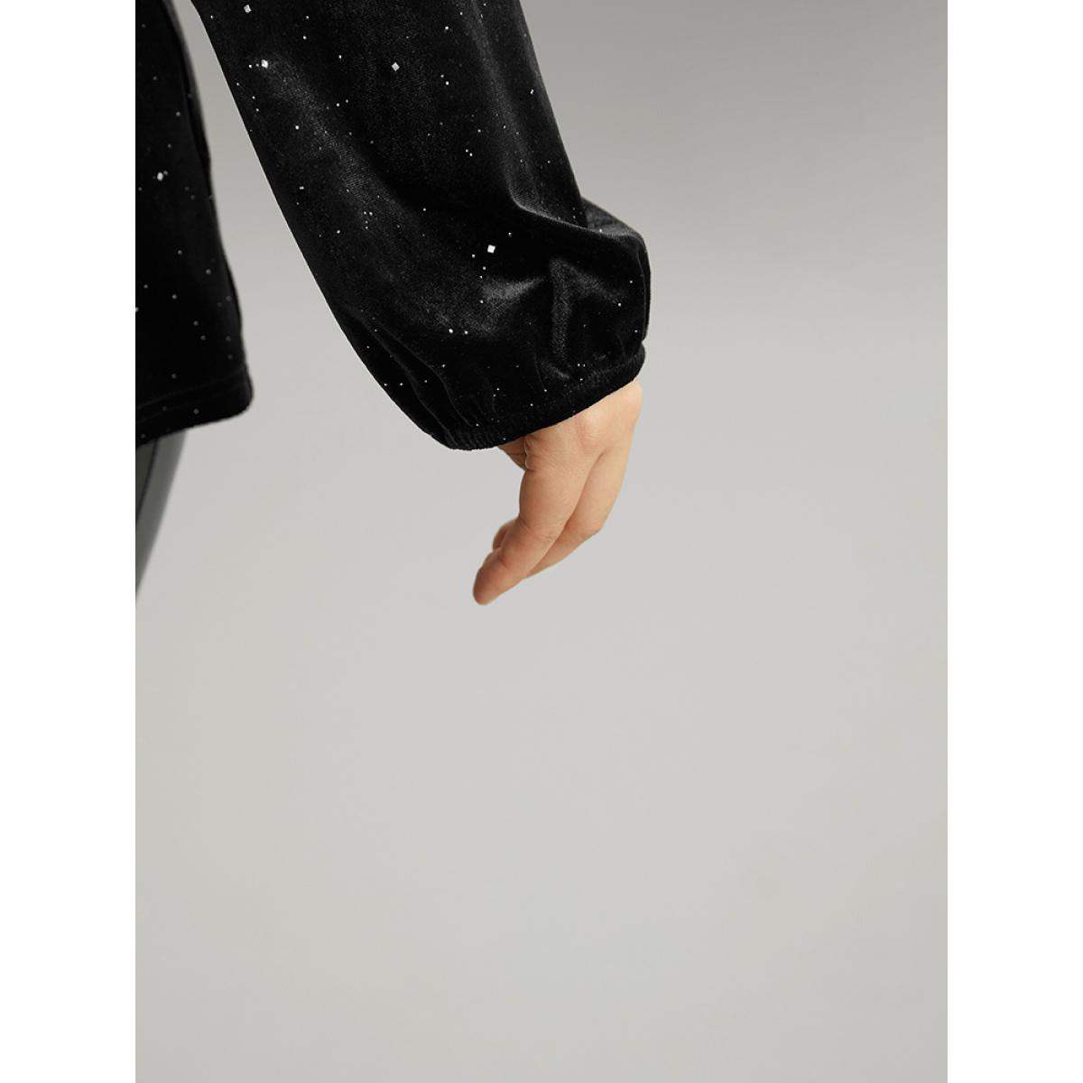 Plus Size Black Velvet Seam Detail Pleated Blouse Women Glamour Long Sleeve Round Neck Going out Blouses BloomChic 22-24/3X Product Image