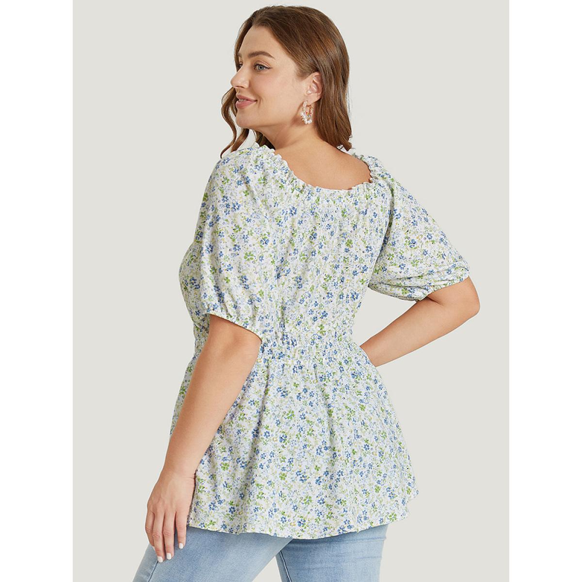 Plus Size Multicolor Ditsy Floral Puff Sleeve Frill Trim Elastic Waist Blouse Women Elegant Short sleeve Square Neck Dailywear Blouses BloomChic 22-24/3X Product Image