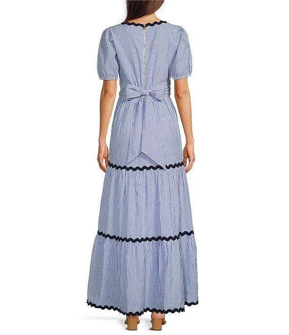 SAIL to SABLE x Style Charade Stripe Print V-Neck Short Sleeve Seersucker Maxi Dress Product Image