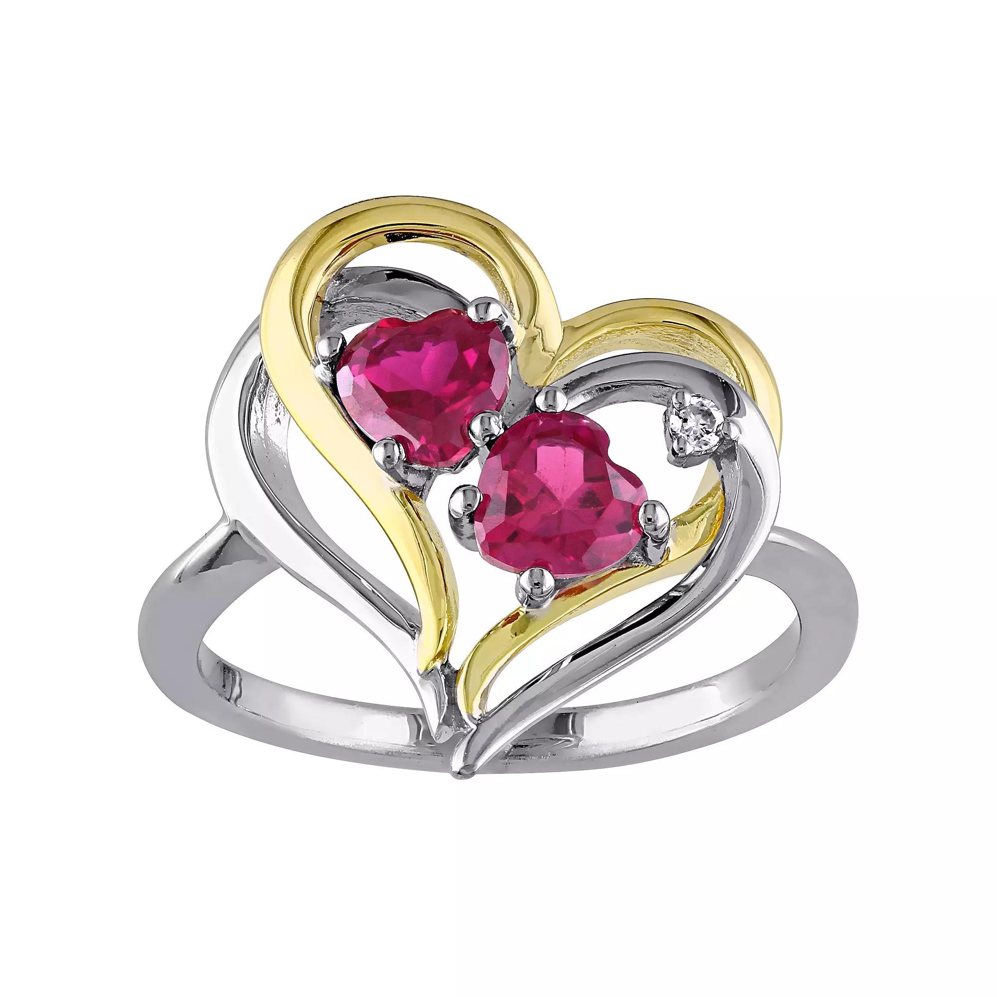 Stella Grace 2-Tone Silver Lab Created Ruby & Diamond Accent Double Heart Ring, Women's, Size: 5.50, Sterling Silver Product Image