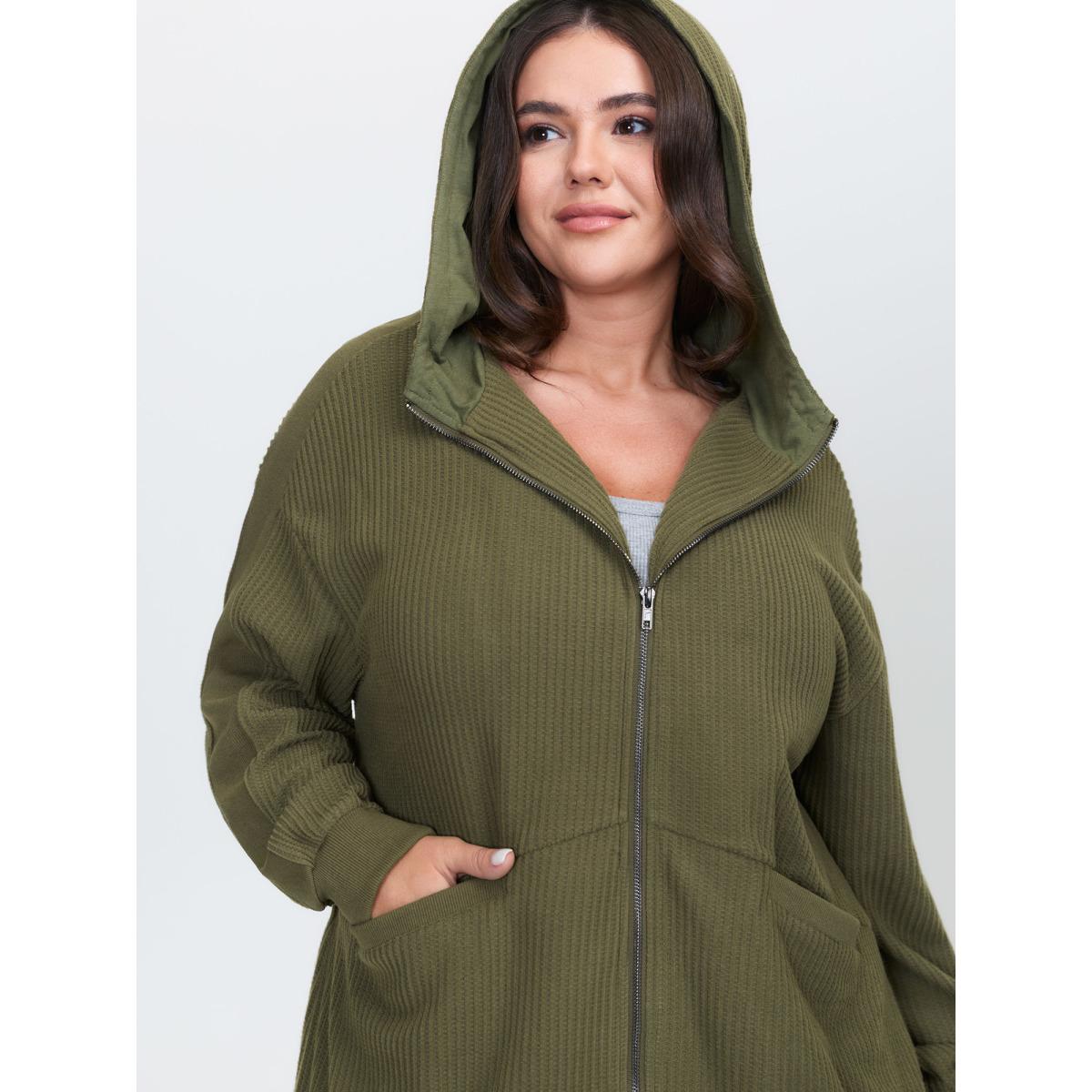 Plus Size Ribbed Texture Pockets Hooded Coat Women ArmyGreen Leisure Texture Ladies Casual Winter Coats BloomChic 14-16/1X Product Image