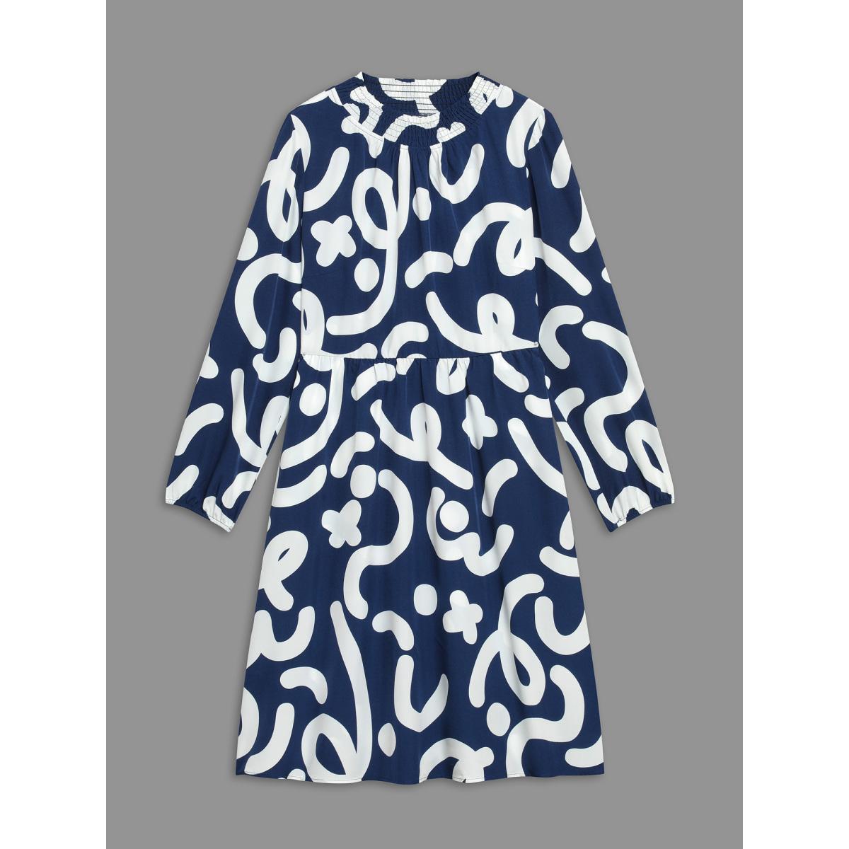 Plus Size Geometric Print Shirred Pocket Dress DarkBlue Women Elegant Shirred Mock Neck Long Sleeve Curvy BloomChic 26/4X Product Image