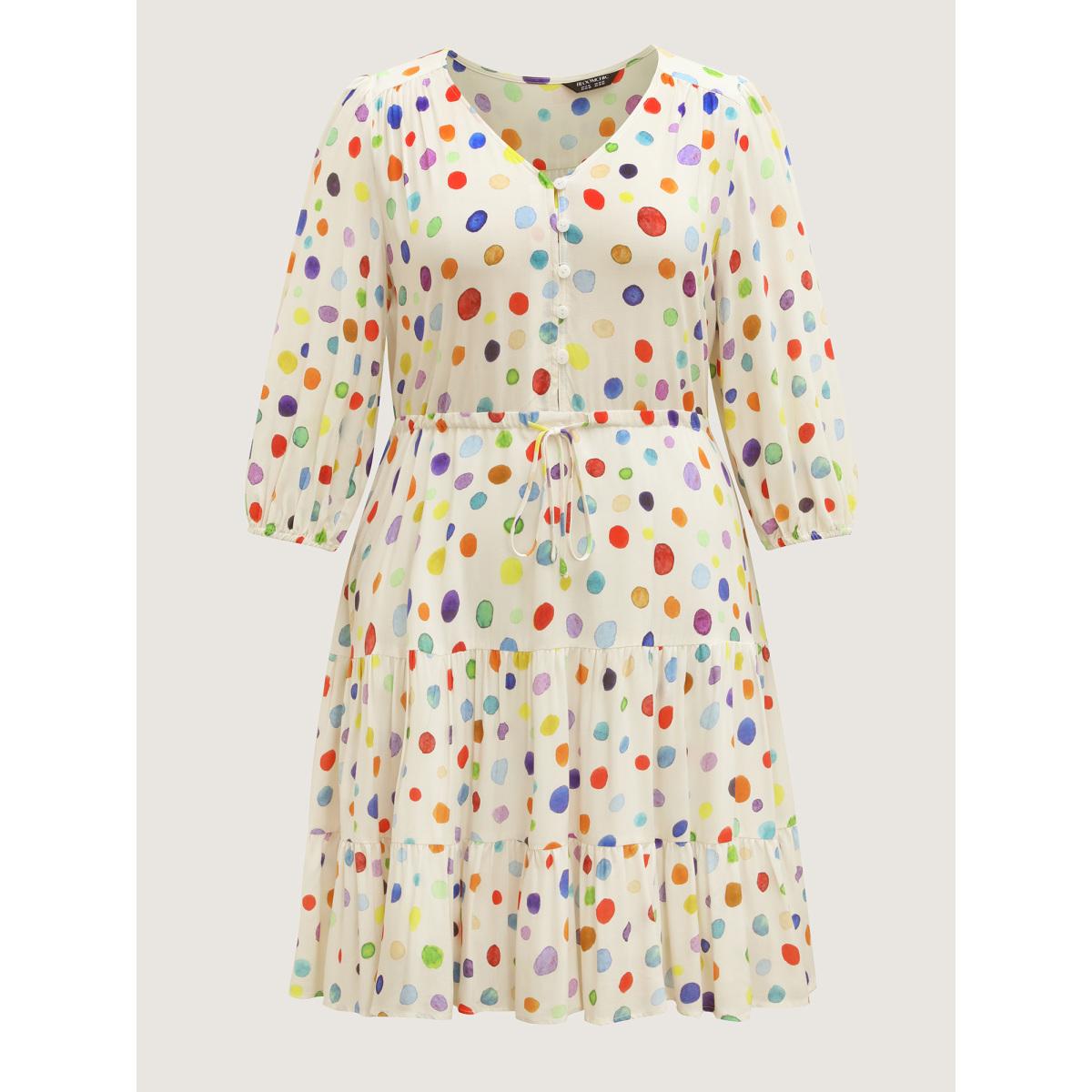 Plus Size Colorful Polka Dots Waist Drawstring Midi Dress Beige Women V-neck Elbow-length sleeve Curvy BloomChic 14-16/1X Product Image