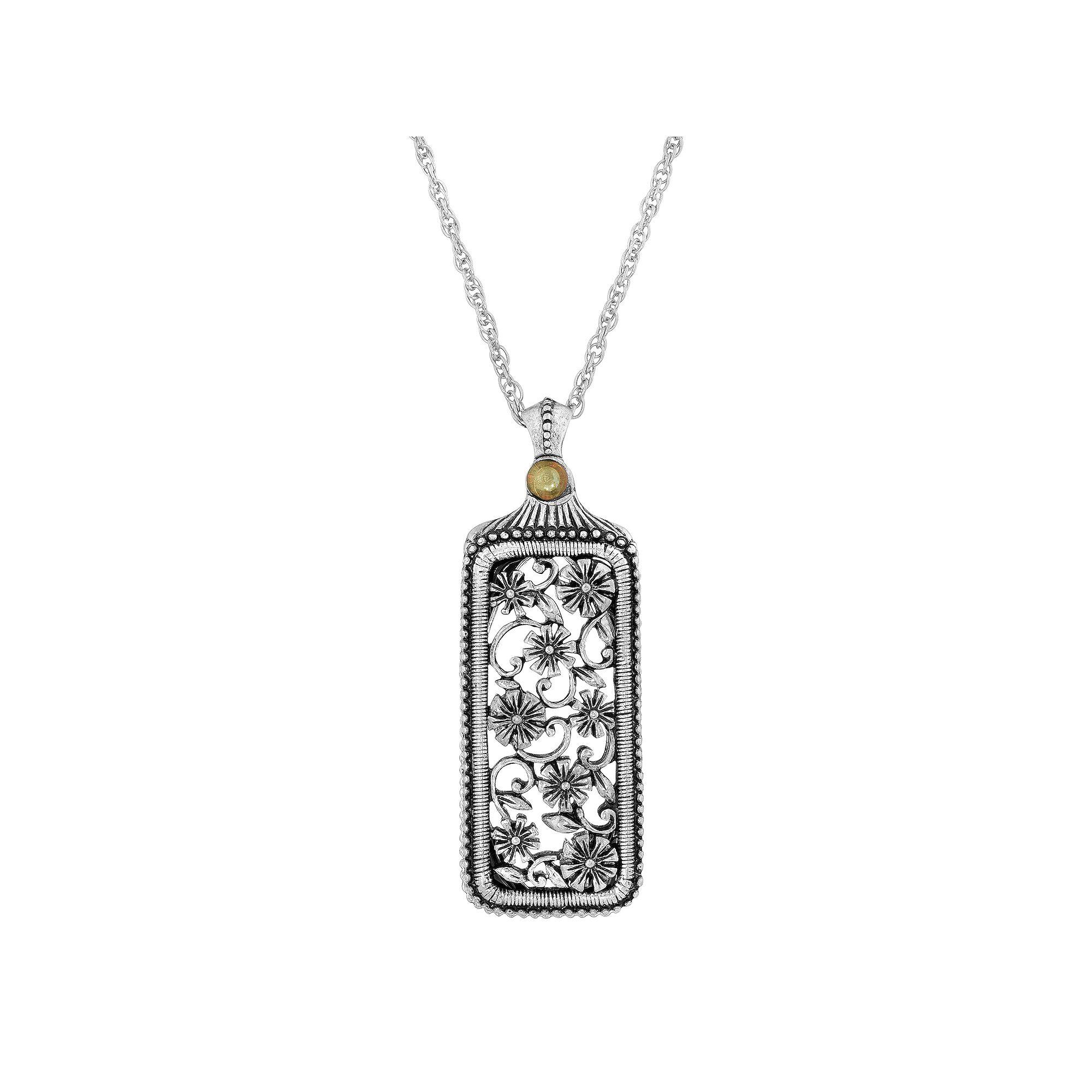 1928 Silver Tone Flower Filigree Mirror Pendant Necklace, Womens Grey Product Image