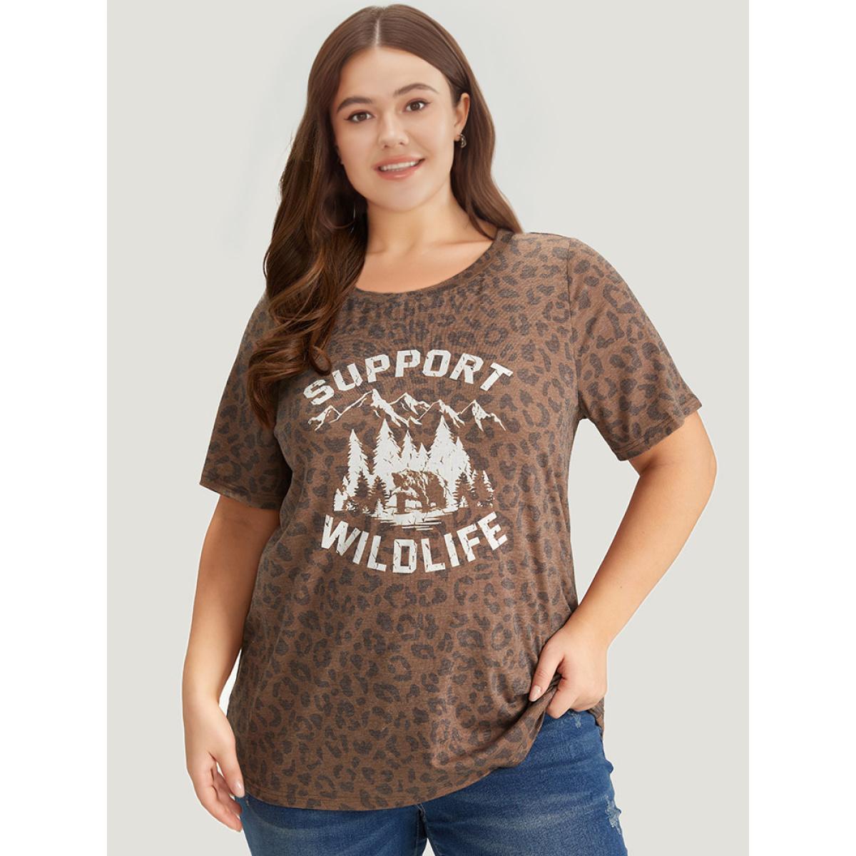 Plus Size Leopard Graphic & Letter Print Crew Neck T-shirt Multicolor Women Casual Landscape Dailywear T-shirts BloomChic 22-24/3X Product Image