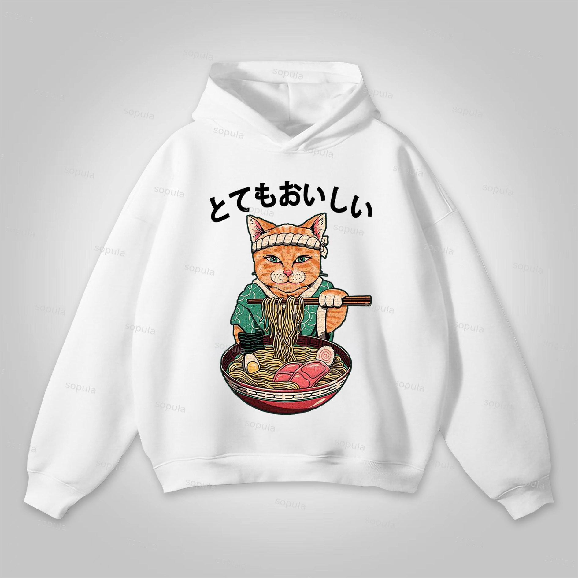 Sopula Cats Eat Ramen Noodles Print Pocketless Hoodie Product Image