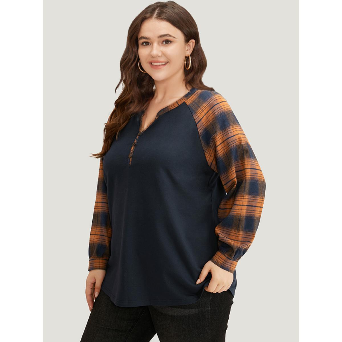 Plus Size Plaid Patchwork Notched Button Detail Sweatshirt Women Chocolate Leisure Patchwork Notched collar Casual Sweatshirts BloomChic 26/4X Product Image