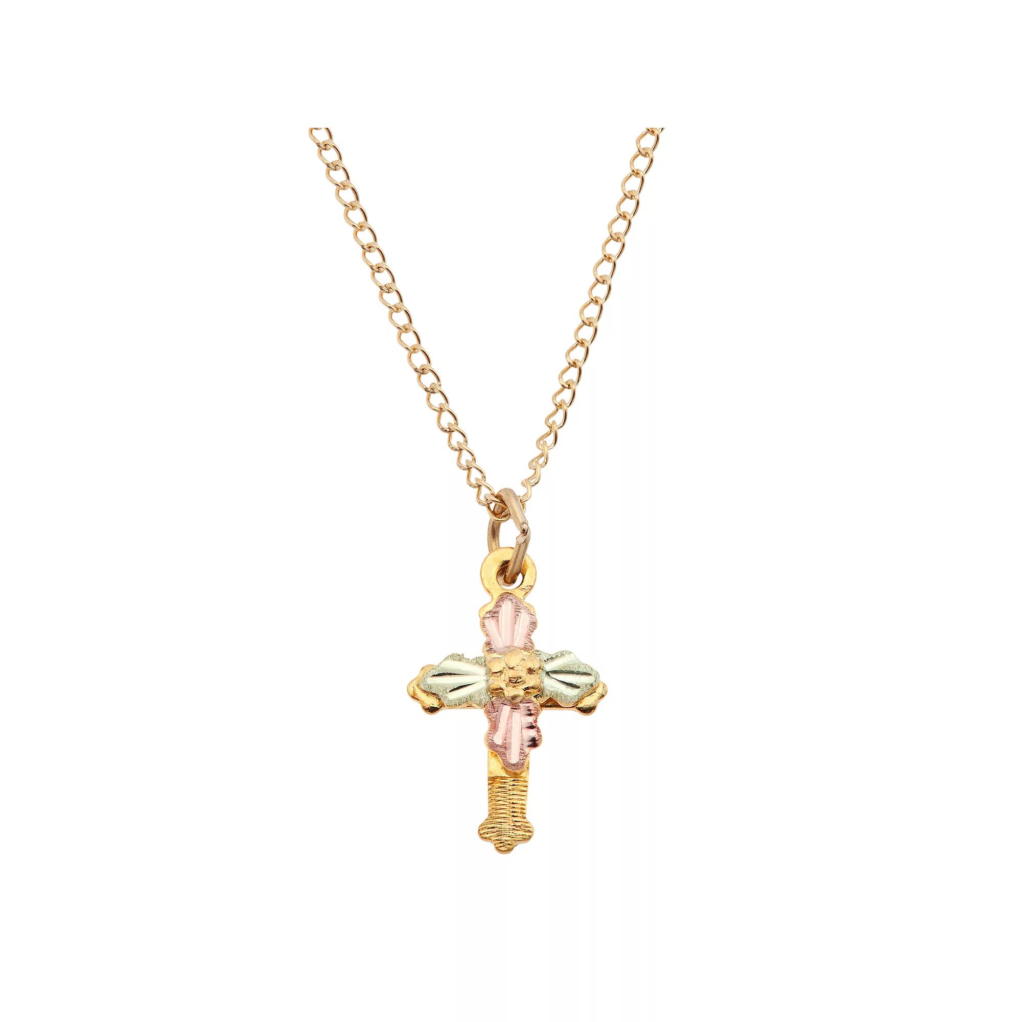 Black Hills Gold Tri Tone Flower Cross Pendant Necklace, Women's, Size: 18", 10k Gold Product Image