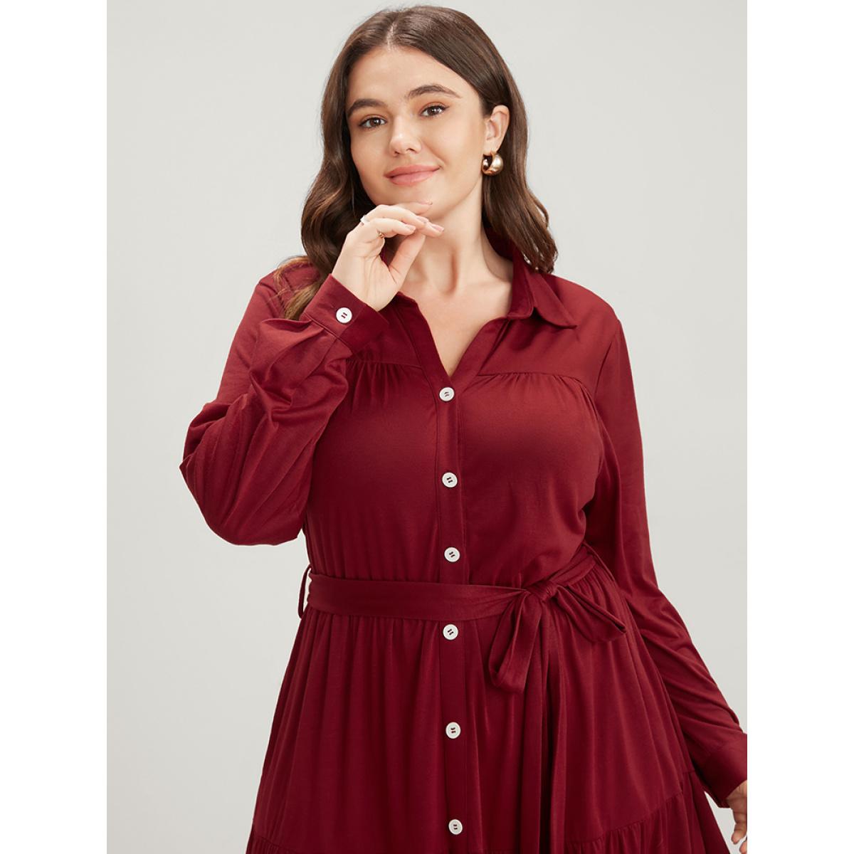 Plus Size Solid Pocket Button Up Belted Flutter Dress Scarlet Women Office Gathered Shirt collar Long Sleeve Curvy Midi Dress BloomChic 30/6X Product Image