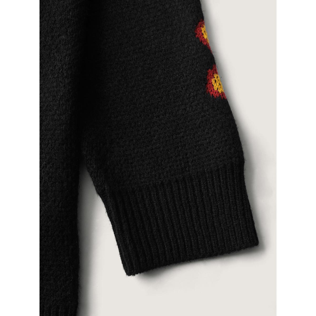 Plus Size Floral Mushroom Print Jacquard Pullover Black Women Playful Loose Long Sleeve Round Neck Casual Pullovers BloomChic 30/6X Product Image
