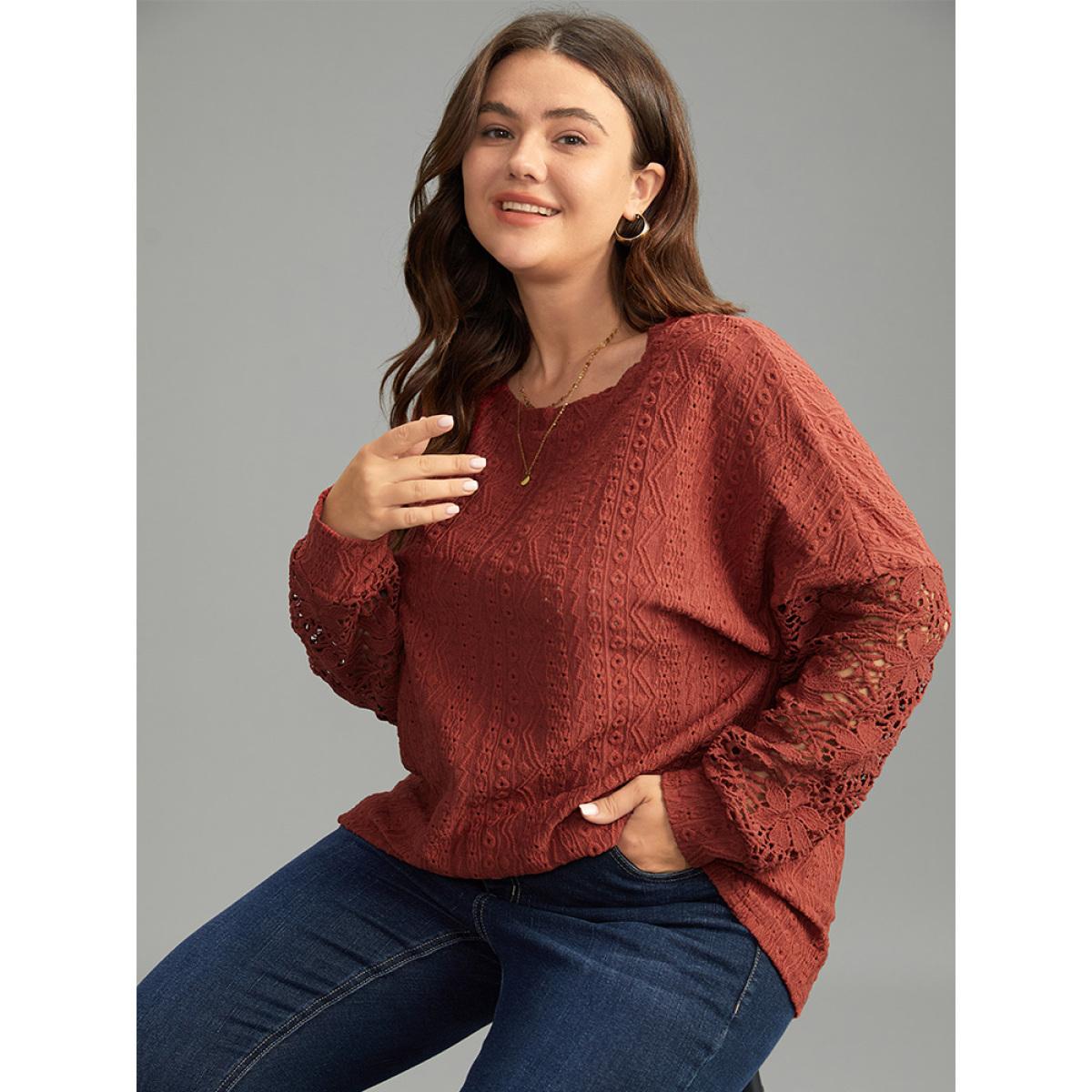 Plus Size Solid Plisse Guipure Lace T-shirt Rust Women Elegant Elastic cuffs Plain Round Neck Dailywear T-shirts BloomChic 18-20/2X Product Image
