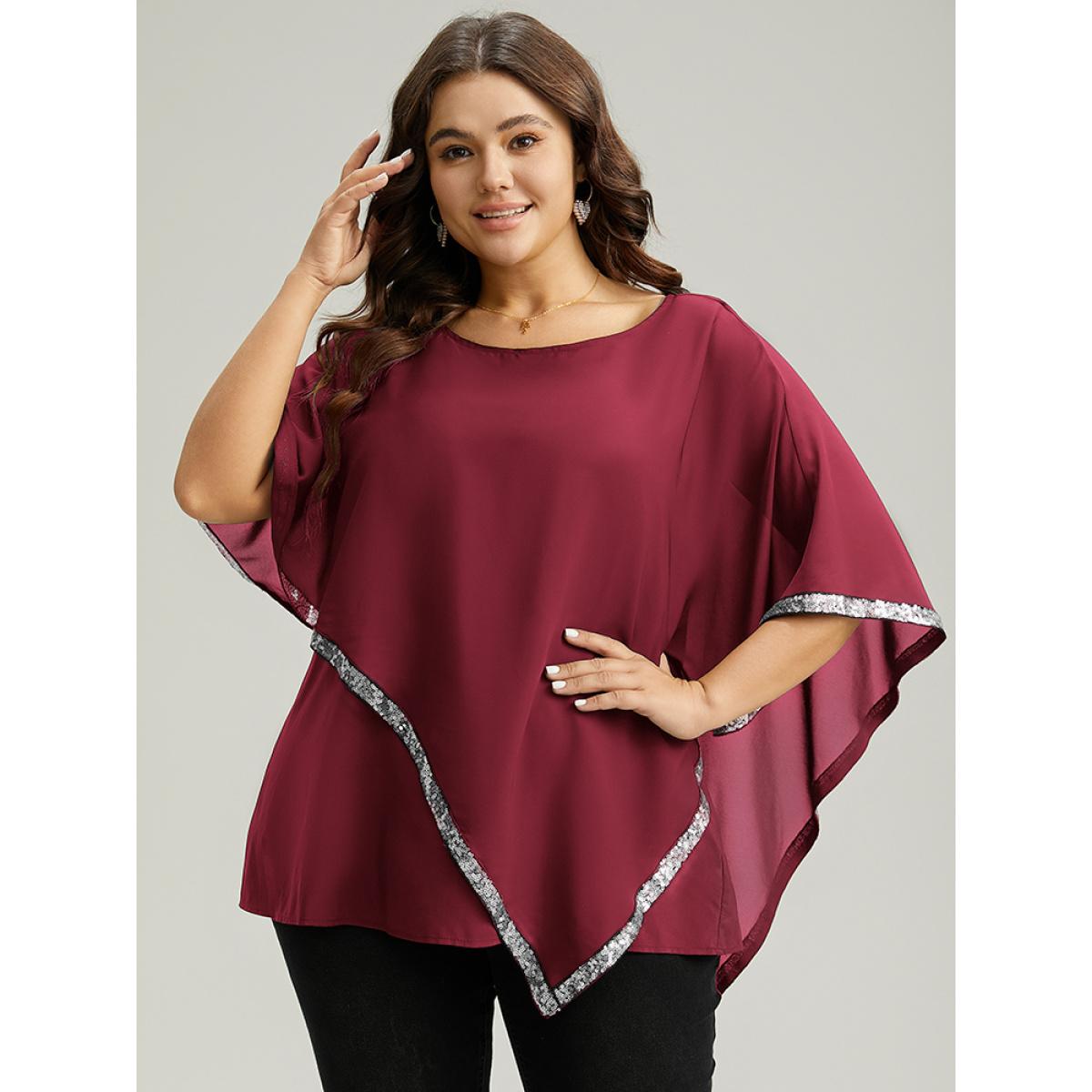 Plus Size Scarlet Sequin Patchwork Asymmetrical Dolman Sleeve Blouse Women Glamour Half Sleeve Round Neck Festival-Christmas Blouses BloomChic 30/6X Product Image