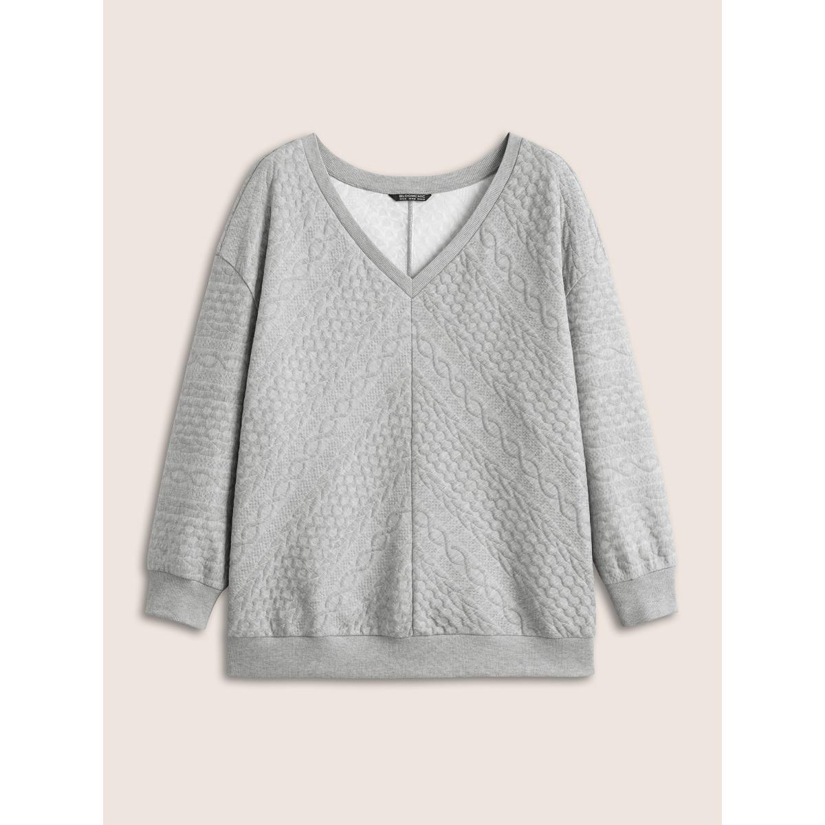 Plus Size Solid Plisse V Neck Drop Shoulder Sweatshirt Women Gray Casual Texture V-neck Everyday Sweatshirts BloomChic 10/M Product Image