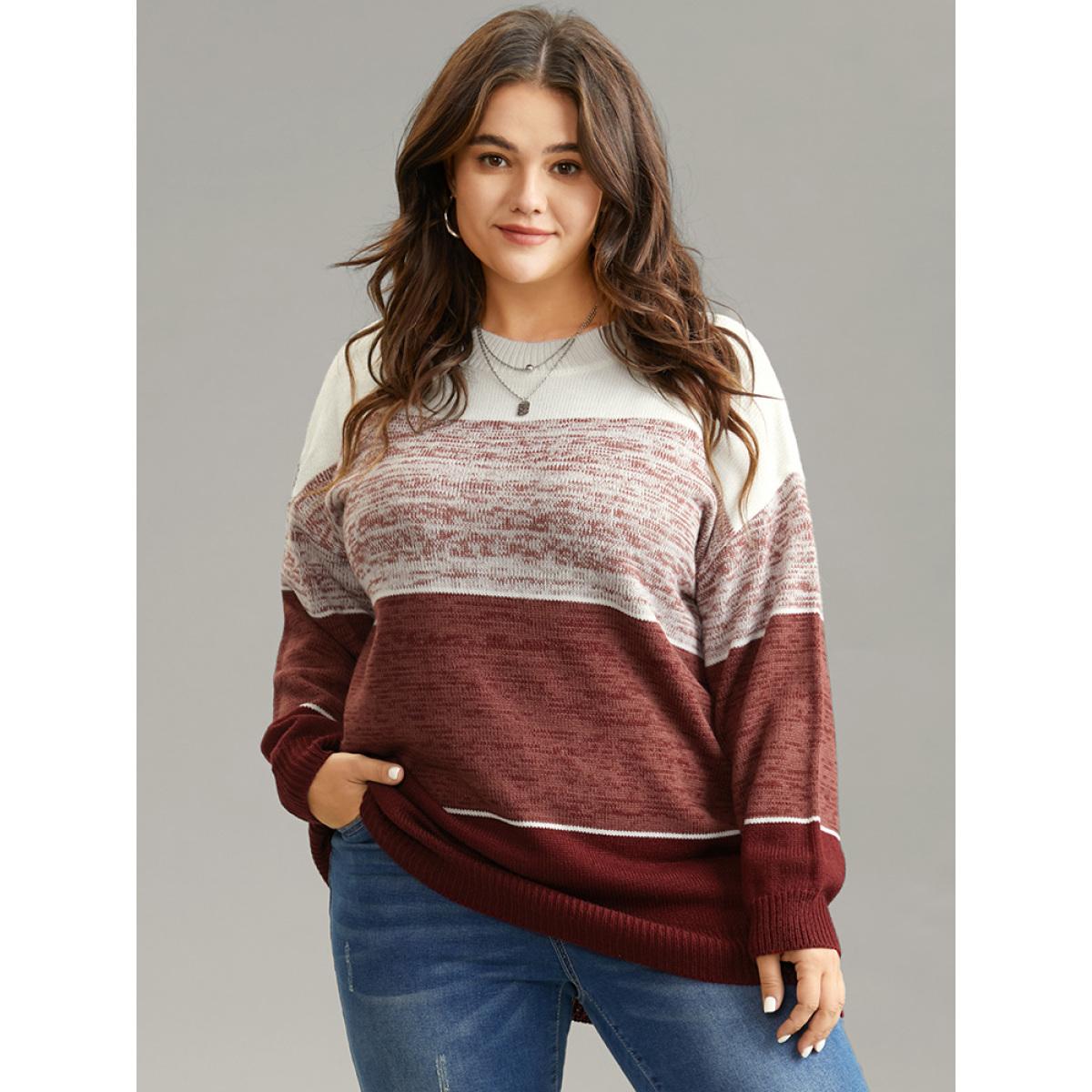Plus Size Heather Colorblock Contrast Knit Pullover Russet Women Casual Loose Long Sleeve Round Neck Dailywear Pullovers BloomChic 14-16/1X Product Image