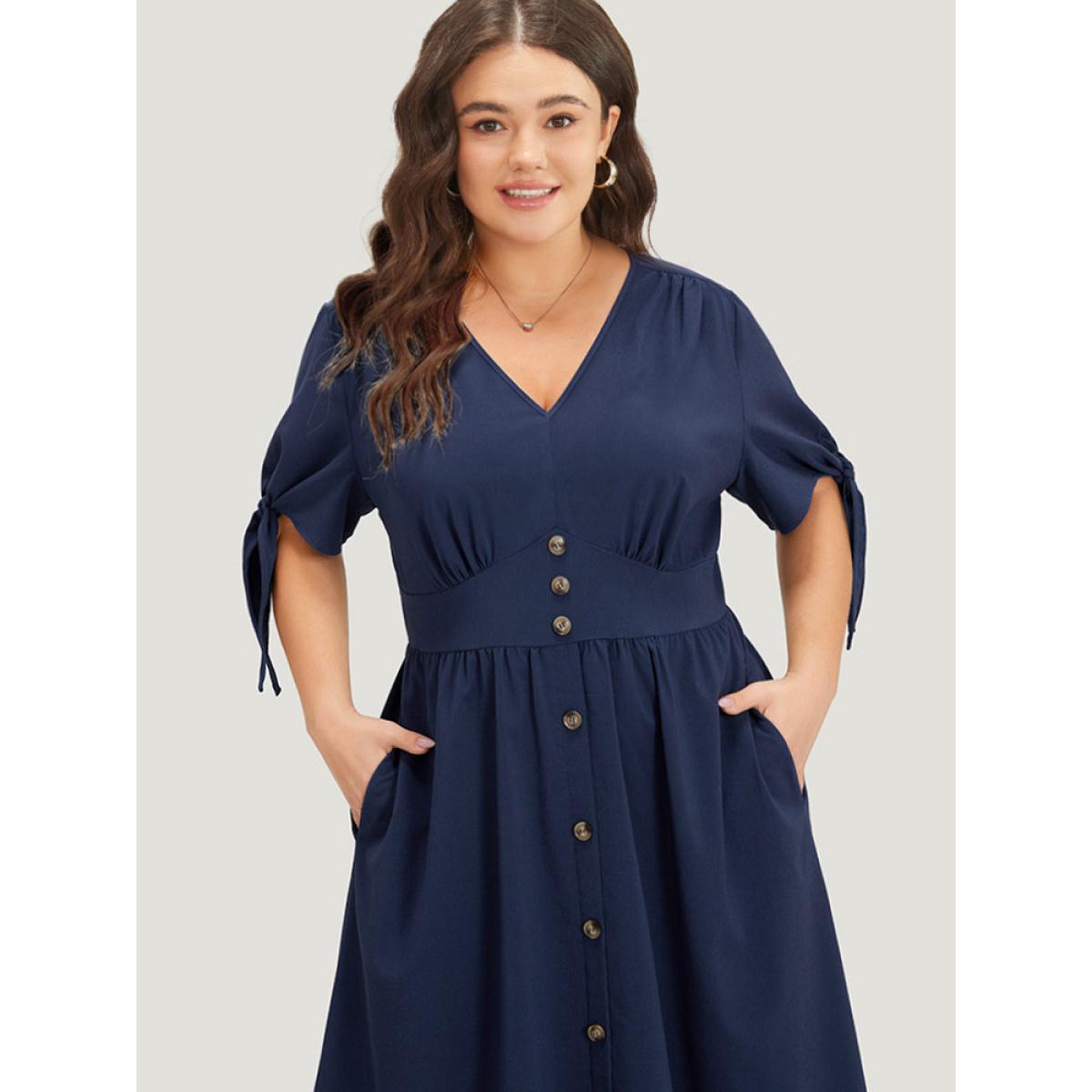 Plus Size Plain Pocket Button Detail V Neck Plicated Knot Dress Indigo Women Elegant Plain V-neck Short sleeve Curvy Midi Dress BloomChic 30/6X Product Image