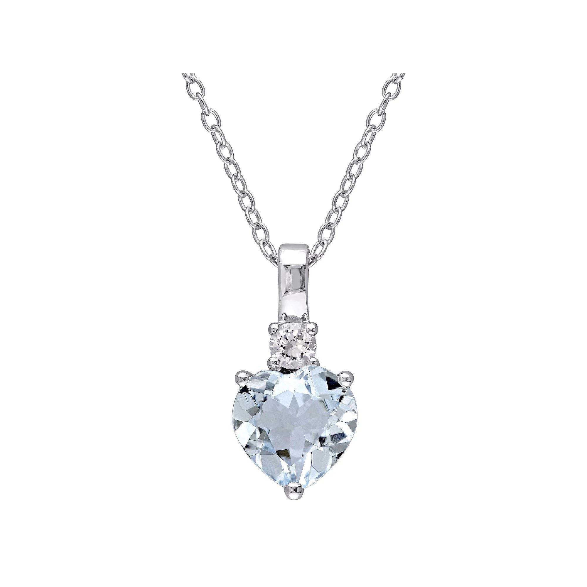 Stella Grace Sterling Silver Aquamarine & Lab-Created White Sapphire Heart Pendant Necklace, Women's, Size: 18" Product Image