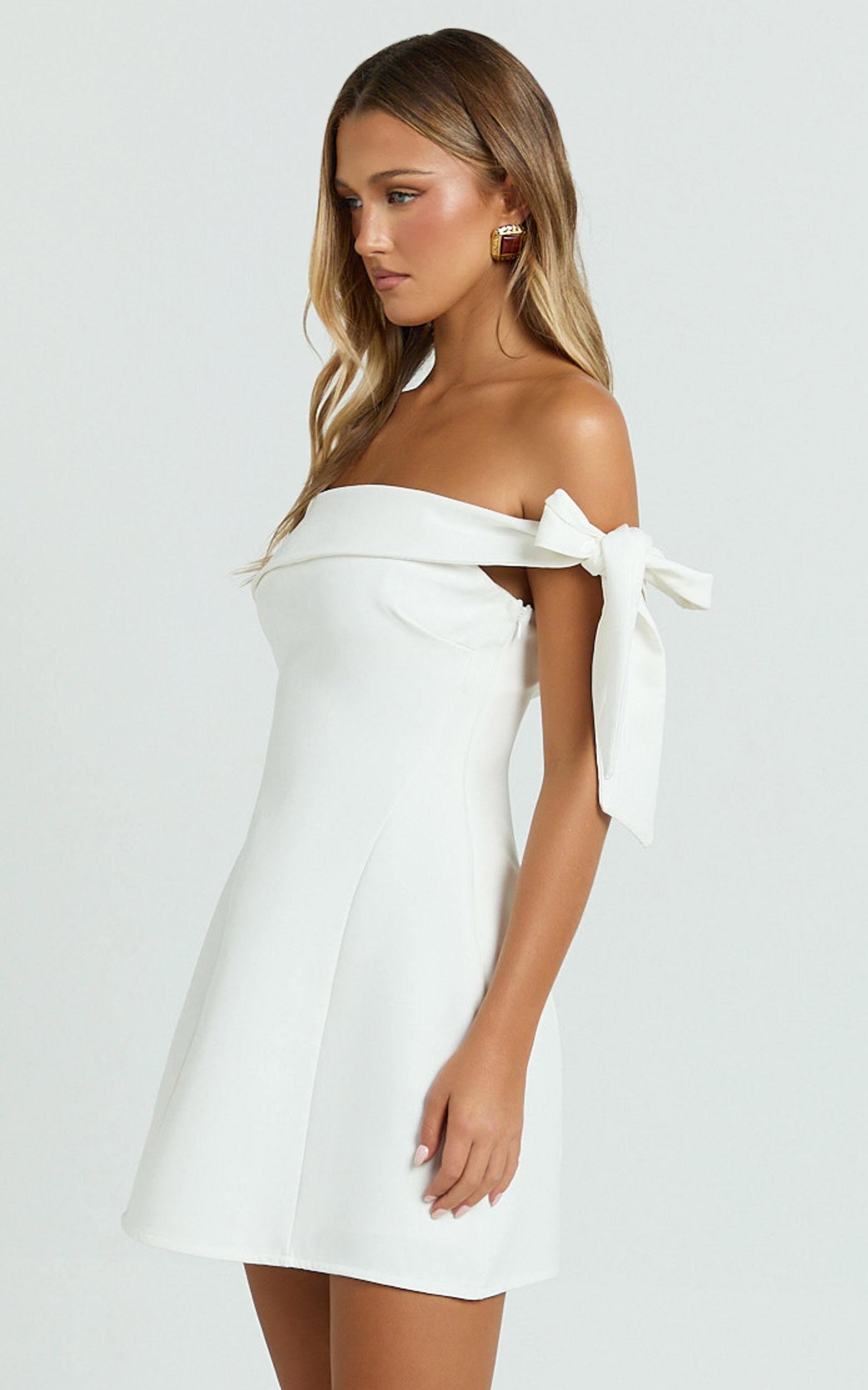 Cecilia Mini Dress - Off Shoulder Tie Detail Dress in White Product Image