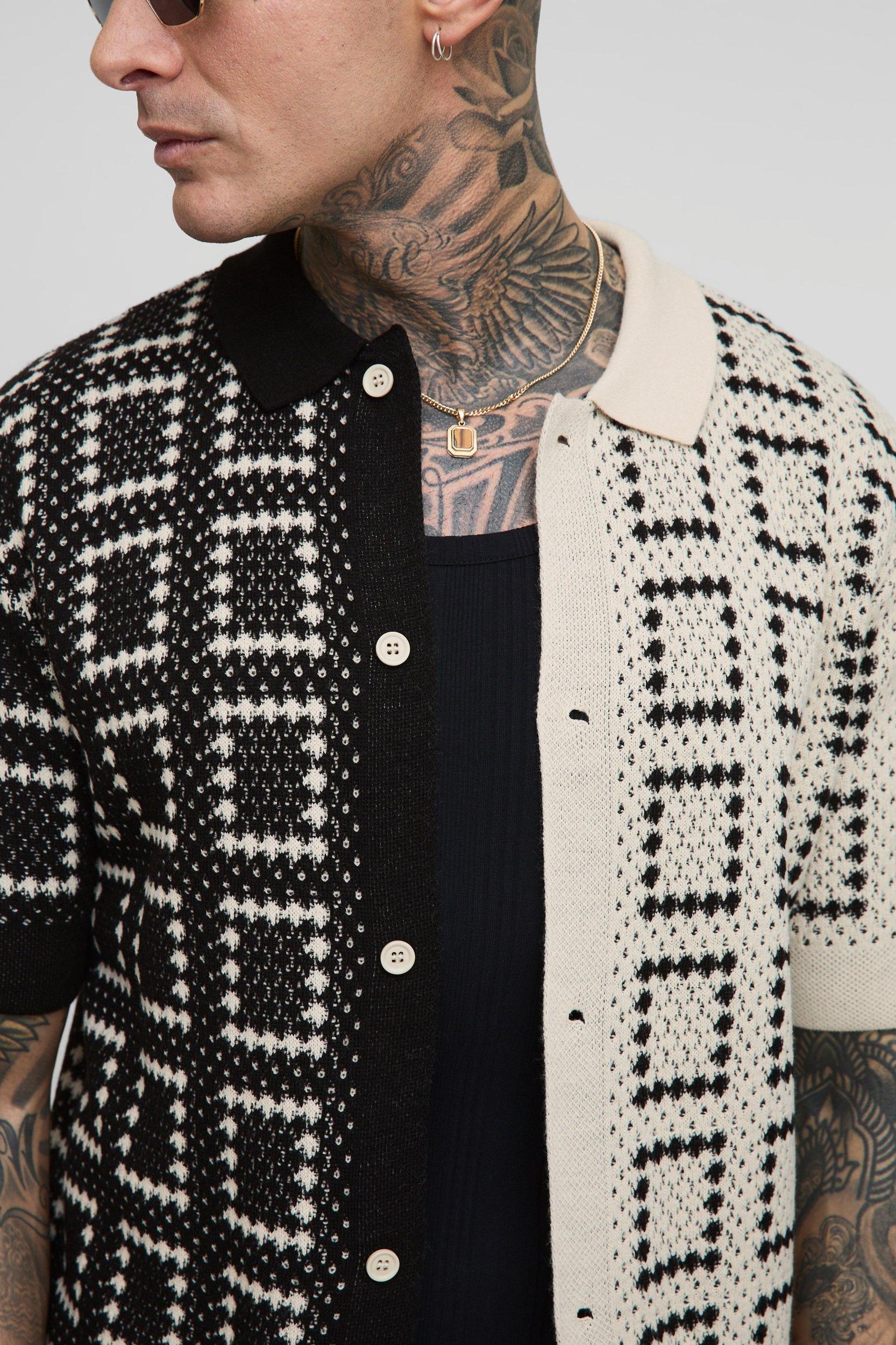 Tall Contrast Crochet Relaxed Fit Shirt | boohooMAN USA Product Image