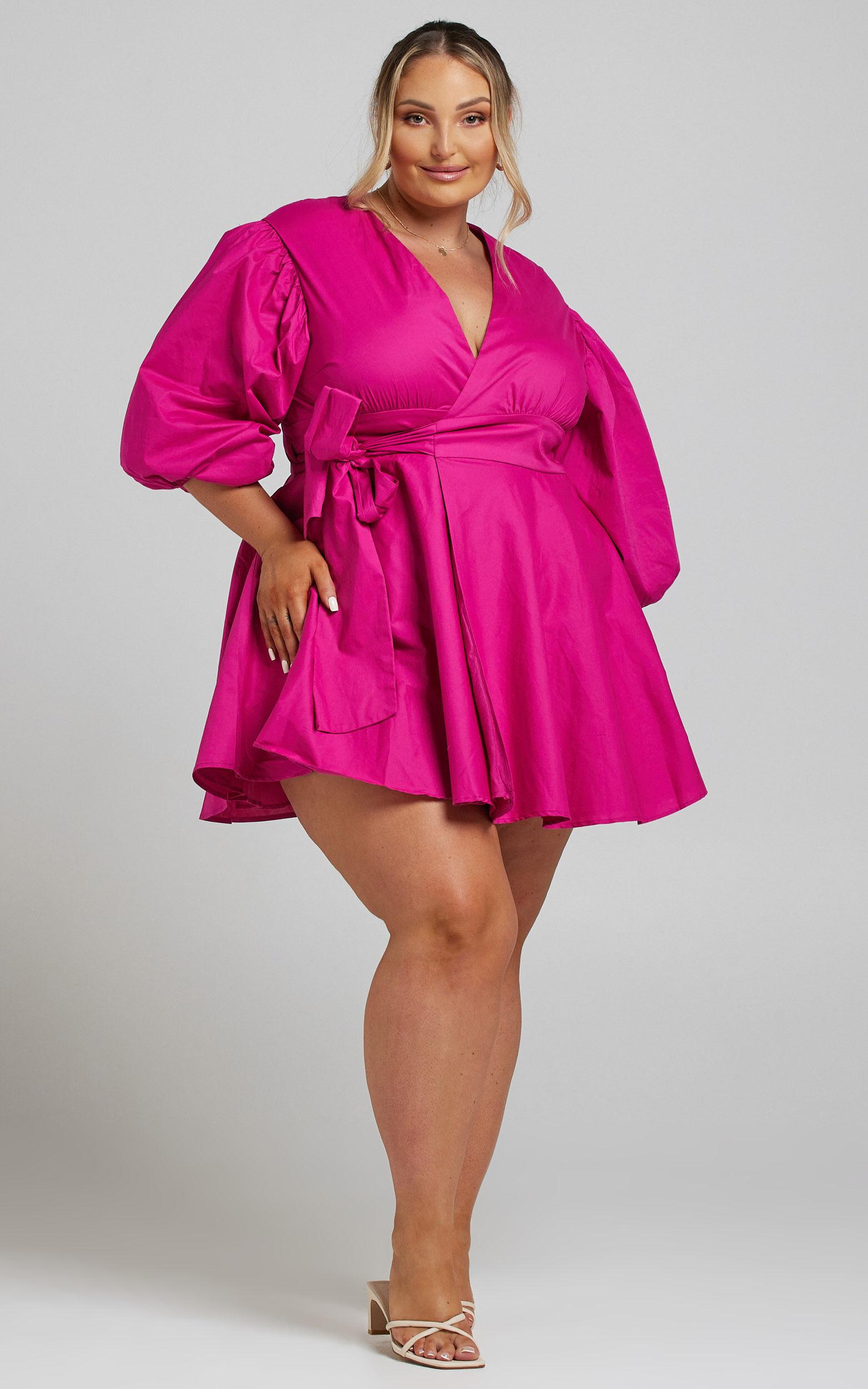 Zyla Mini Dress - Puff Sleeve Wrap Dress in Berry Product Image