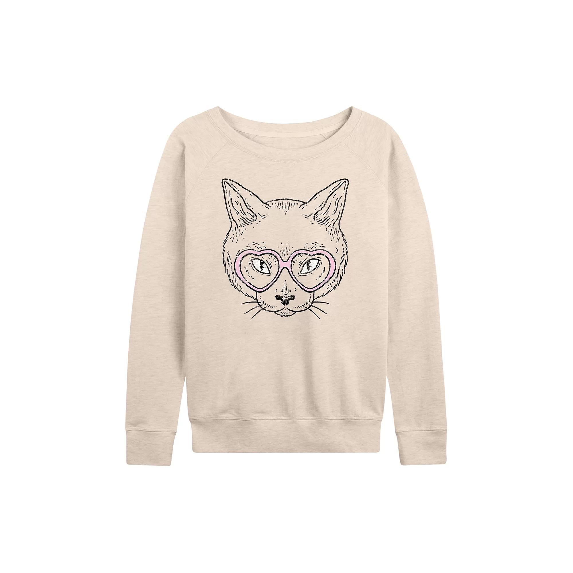 Women's Cat Heart Glasses French Terry Long Sleeve Tee,  Product Image