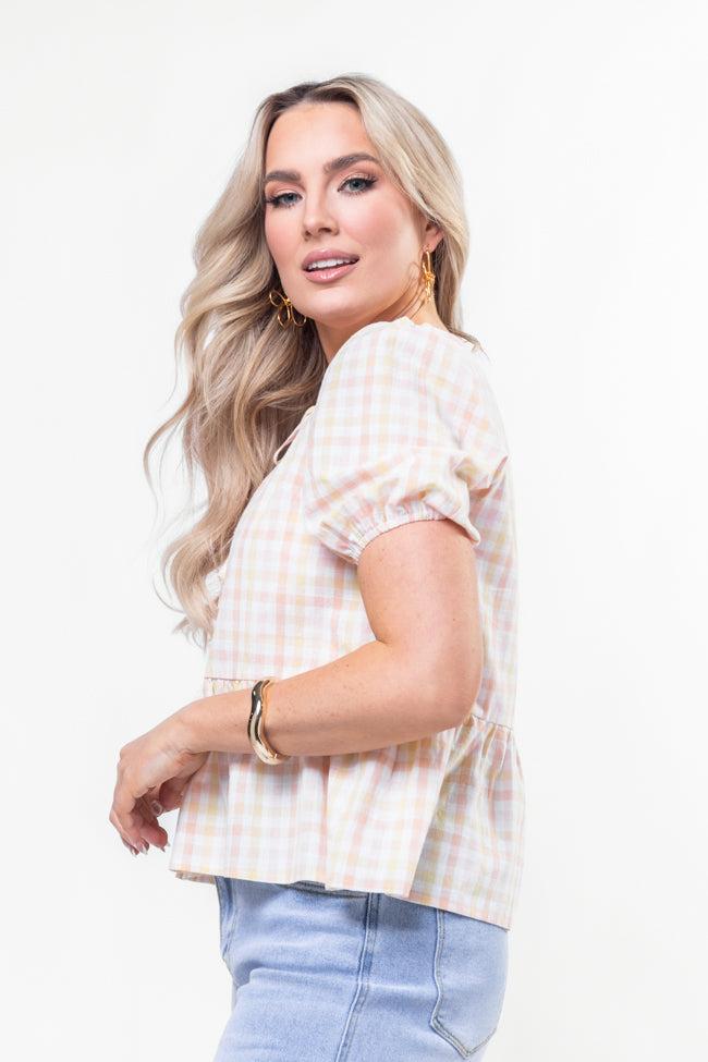 Tell Your Story Multi Gingham Short Sleeve Tie Front Peplum Blouse SALE Product Image