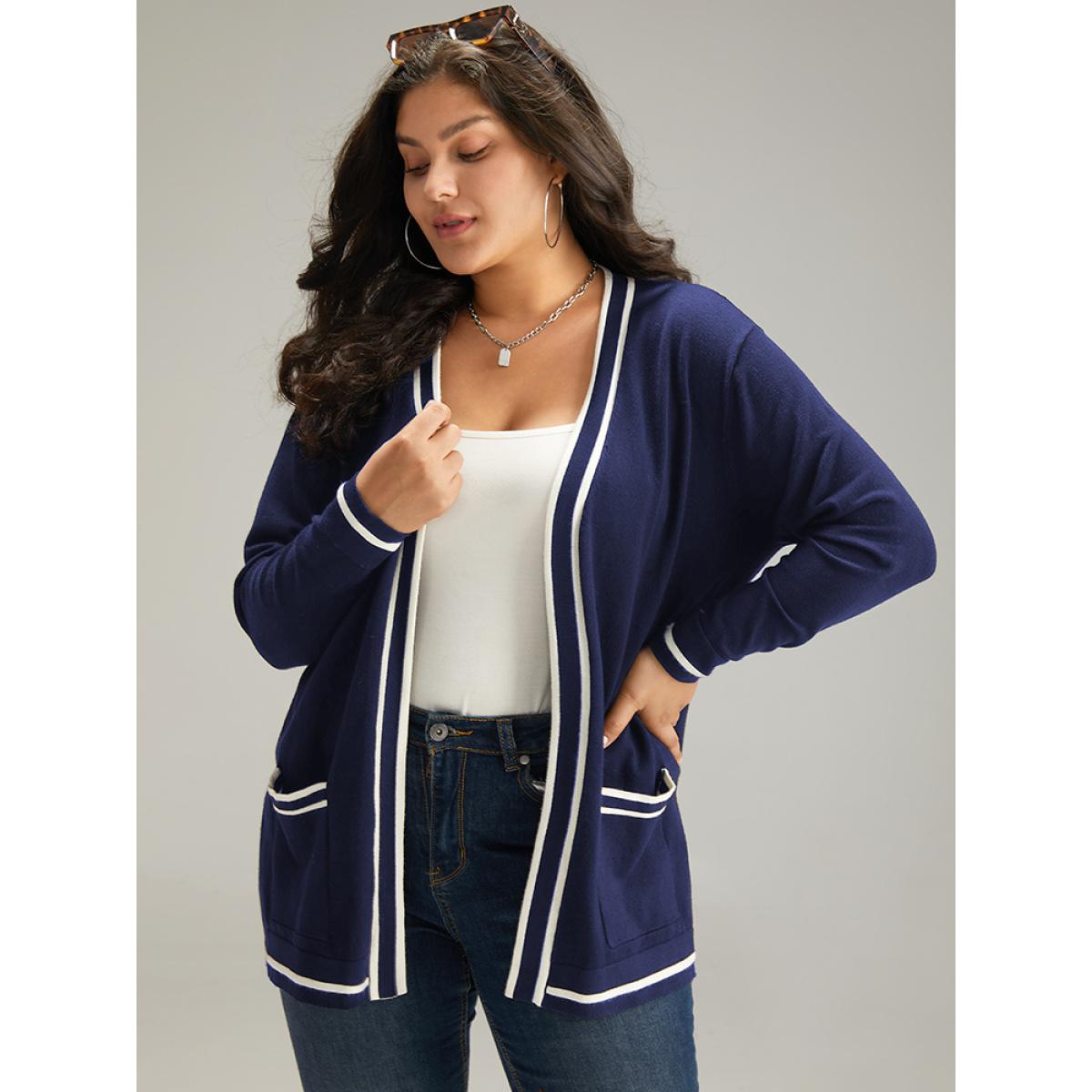 Plus Size Supersoft Essentials Striped Patchwork Pocket Open Front Cardigan Indigo Women Casual Loose Long Sleeve Everyday Cardigans BloomChic 14-16/1X Product Image
