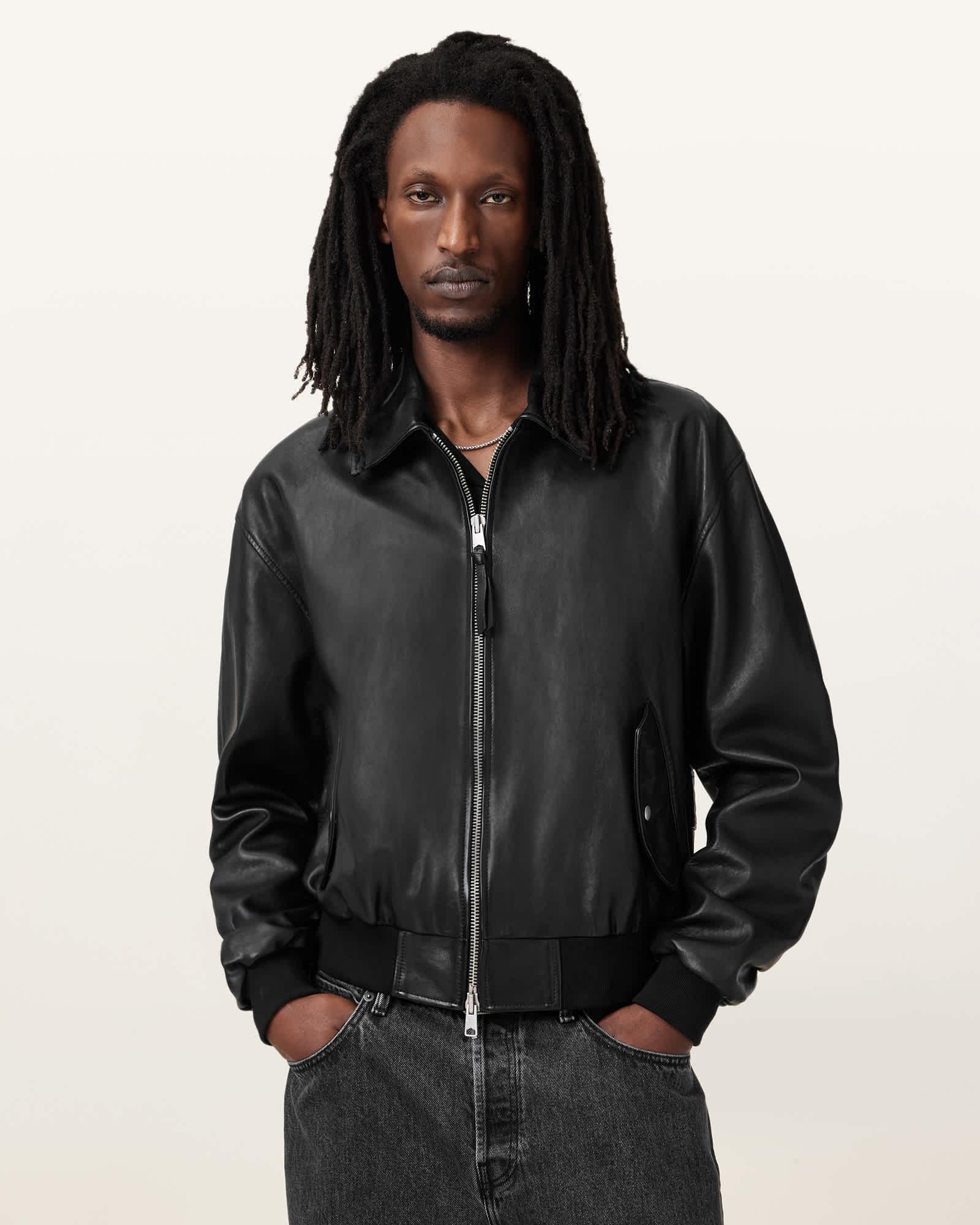 Marco Oversized Leather Bomber Jacket Black | ALLSAINTS US Product Image