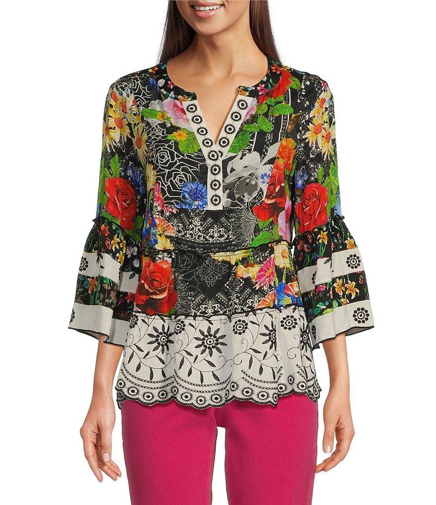John Mark Y-Neck 3/4 Sleeve Embroidered Flounce Hem Blouse Product Image