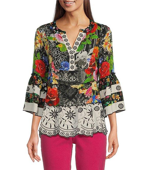John Mark Y-Neck 3/4 Sleeve Embroidered Flounce Hem Blouse Product Image