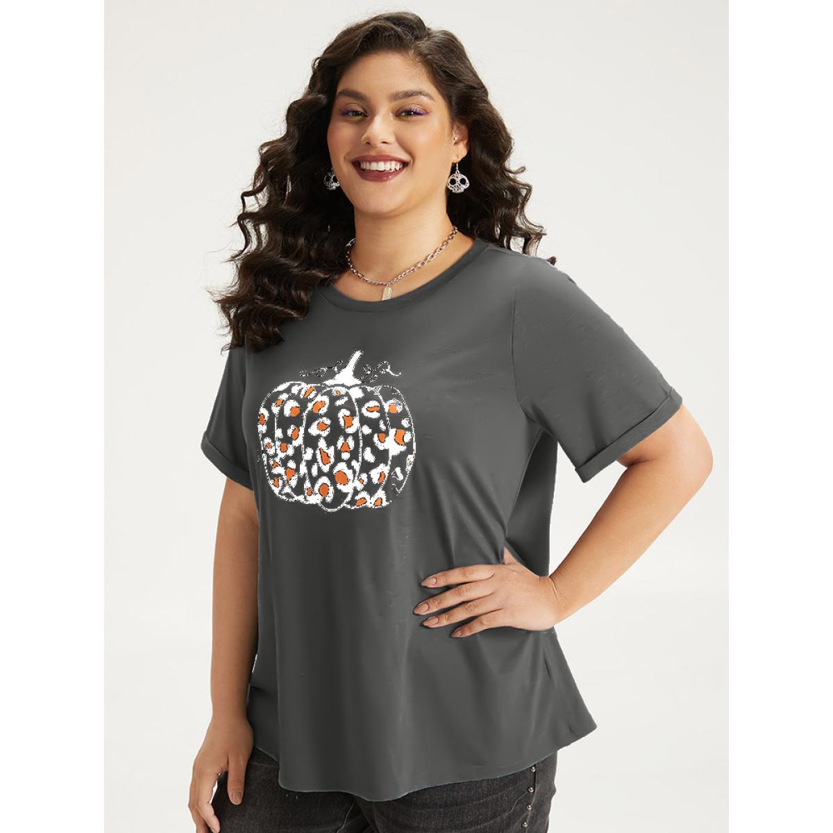 Plus Size Halloween Pumpkin Print Crew Neck T-shirt DimGray Women Casual Printed Halloween Dailywear T-shirts BloomChic 28/5X Product Image