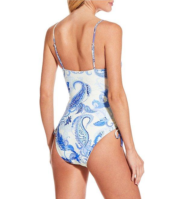 Gianni Bini Paisley Ruched Tie Side Low Sccop Back One Piece Swimsuit Product Image