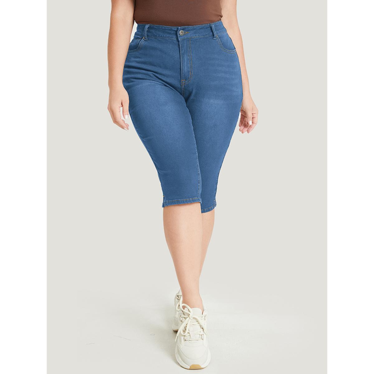 Plus Size Skinny Very Stretchy Dark Wash Split Knee Denim Shorts Women Blue High stretch Dailywear Side seam pocket Casual Denim Shorts BloomChic 10/M Product Image