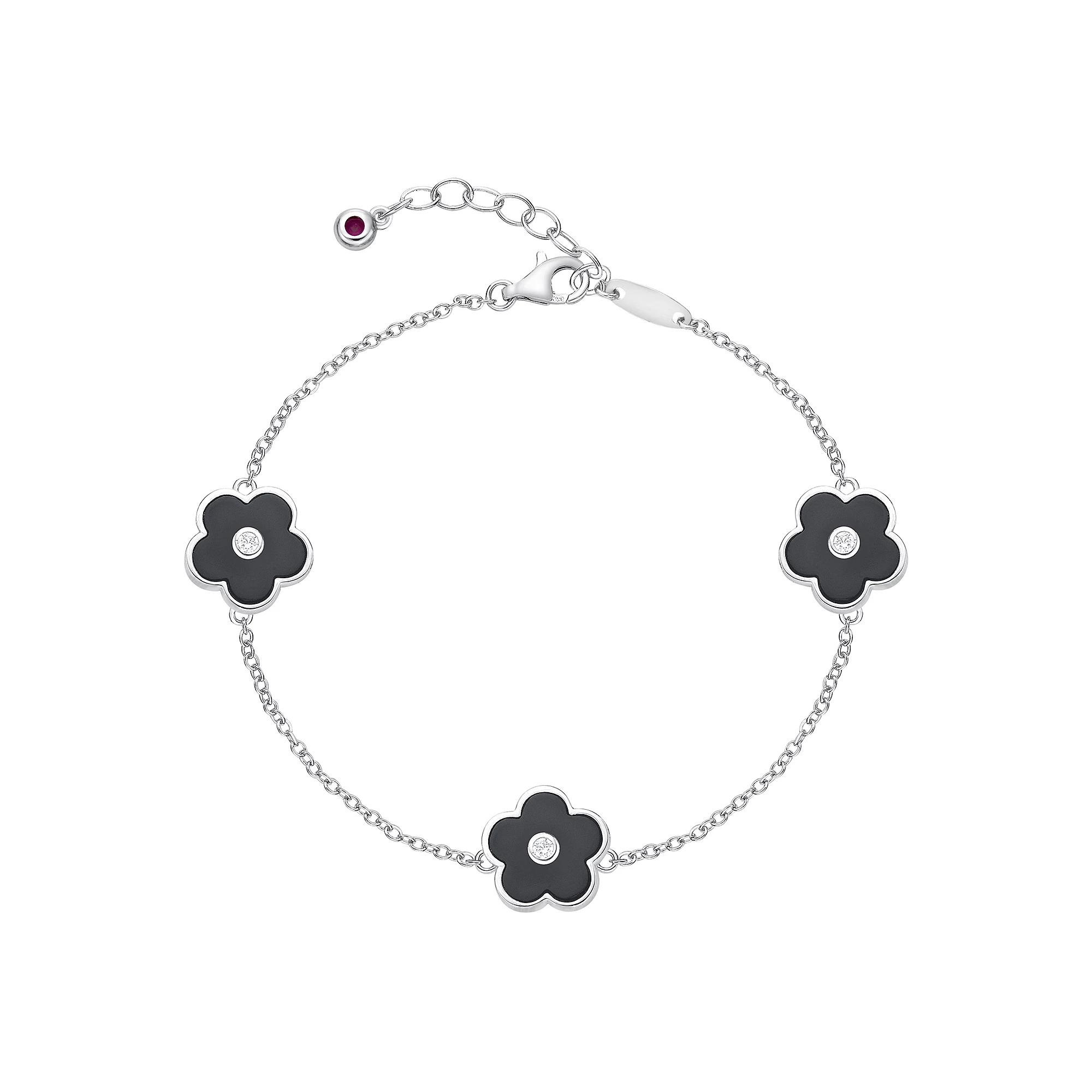 Gemminded Sterling Silver Black Onyx & Cubic Zirconia Flower Pendants Bracelet, Women's, Size: 8" Product Image