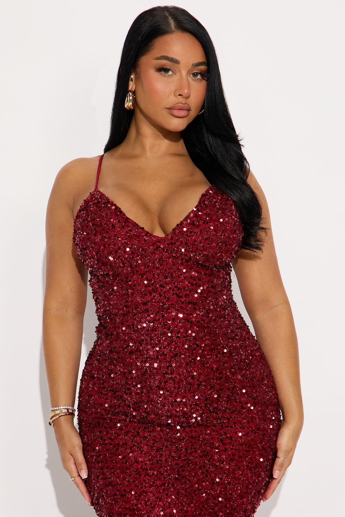 Zoey Spaghetti Strap Feathered Sequin Gown - Wine Female Product Image