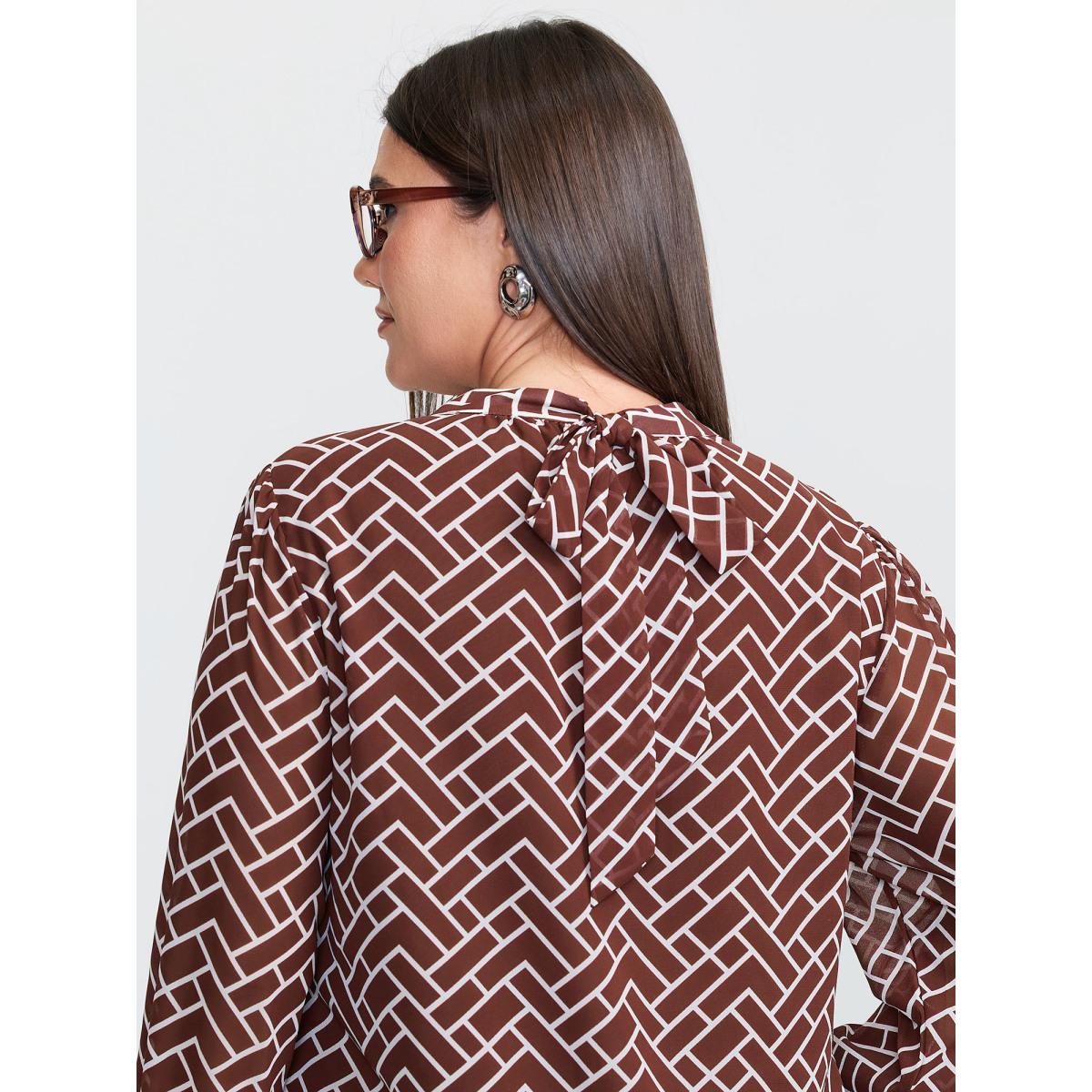 Plus Size Browncoffeecolor Geometric Print Cut Out Neck Blouse Women Office Extra Long Sleeve Mock Neck Office Blouses BloomChic 30/6X Product Image