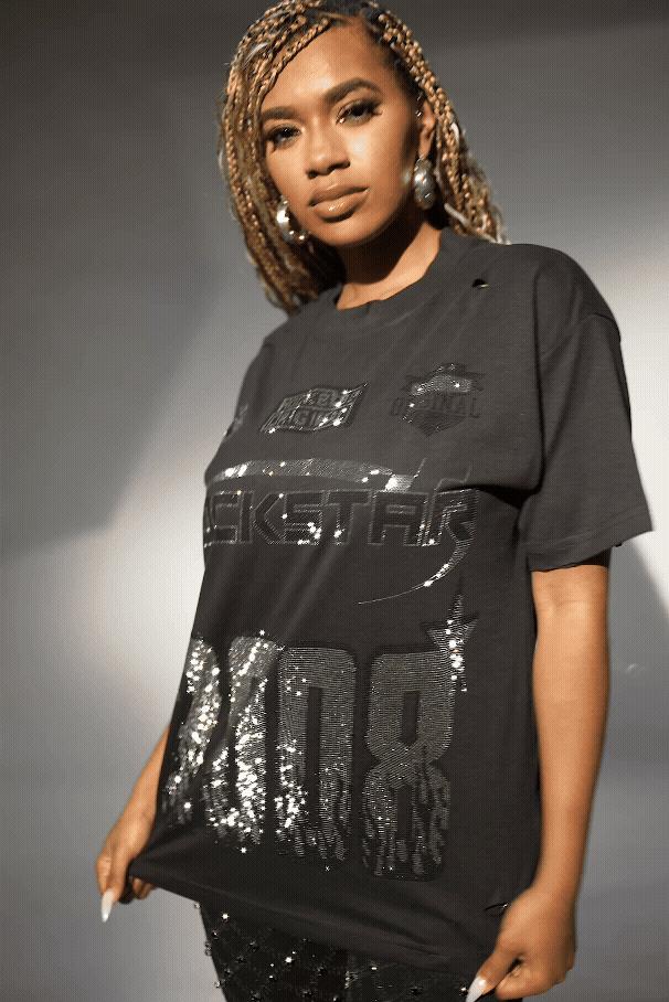 Kemora Black Rhinestone Oversized T-Shirt Female Product Image