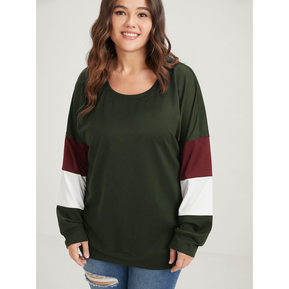 Plus Size Colorblock Patchwork Round Neck Drop Shoulder Sweatshirt Women ArmyGreen Casual Contrast Round Neck Dailywear Sweatshirts BloomChic 18-20/2X Product Image
