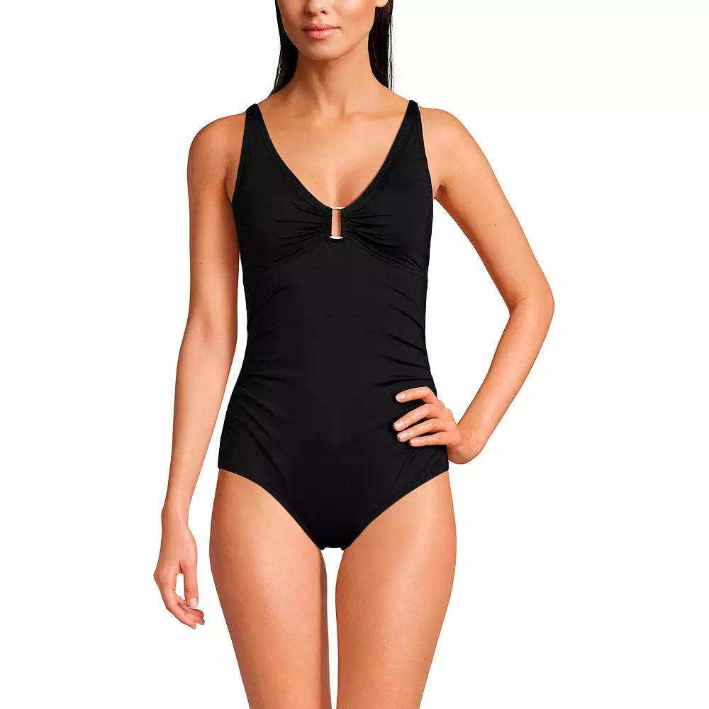 Women's Lands' End Embellished V-Neck Shirred Waist One-Piece Swimsuit, Size: 14, Black Product Image