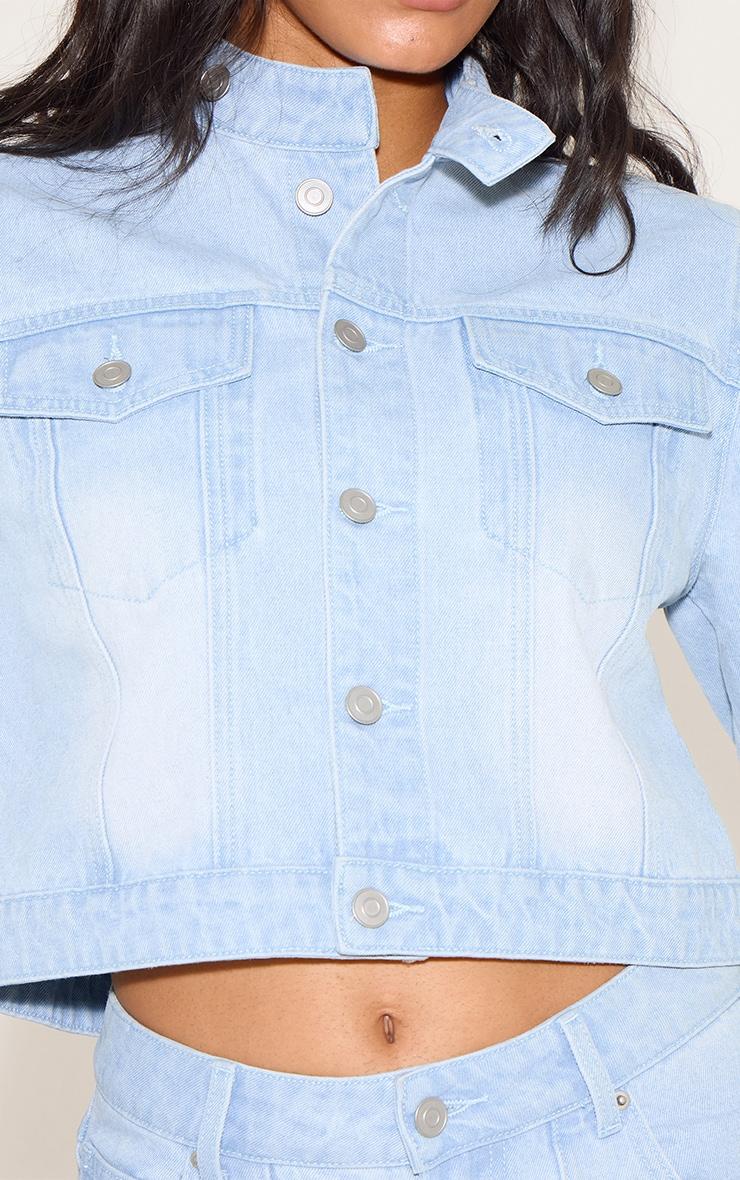 Light Blue Seam Detail Cropped Denim Racer Jacket Product Image