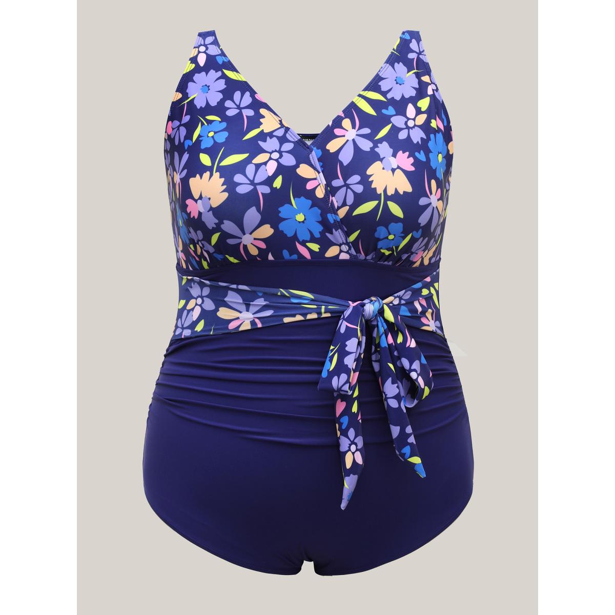 Plus Size Floral Ruffled Belted One-Piece Swimsuit Women's Swimwear Indigo Beach Tie knot Curve Bathing Suits High stretch One Pieces BloomChic 22-24/3X Product Image