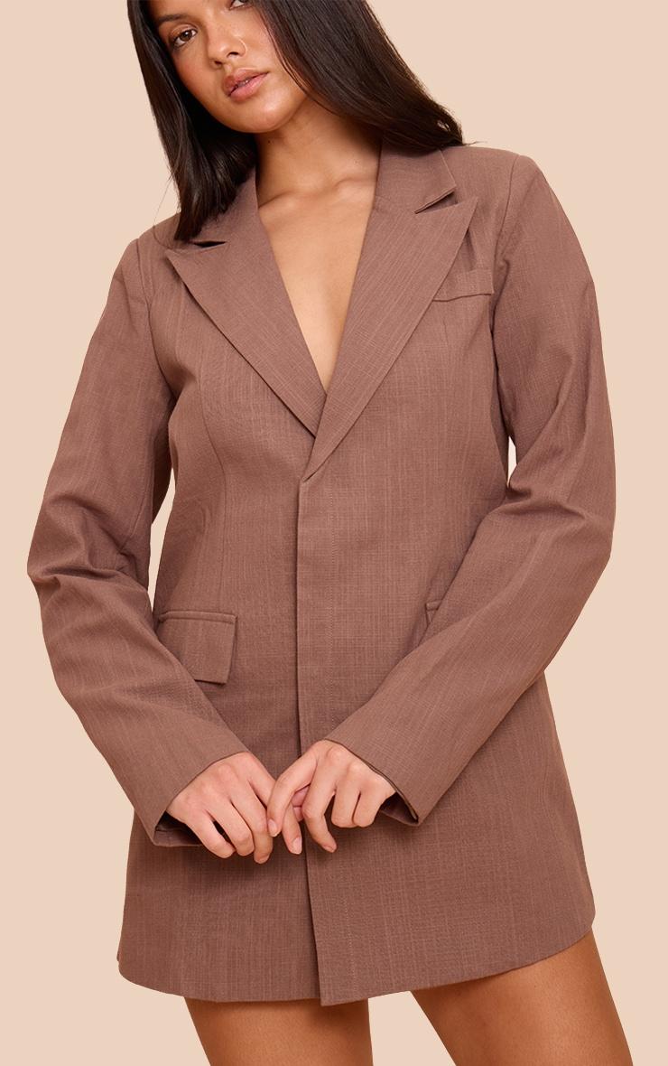 Chocolate Linen Blend Blazer Dress Product Image