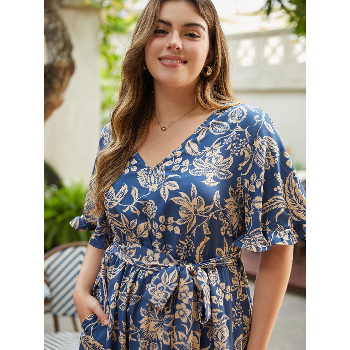 Plus Size Silhouette Floral Print Belted Flutter Trim Dress DarkBlue Women Vacation Gathered V-neck Short sleeve Curvy Midi Dress BloomChic 26/4X Product Image