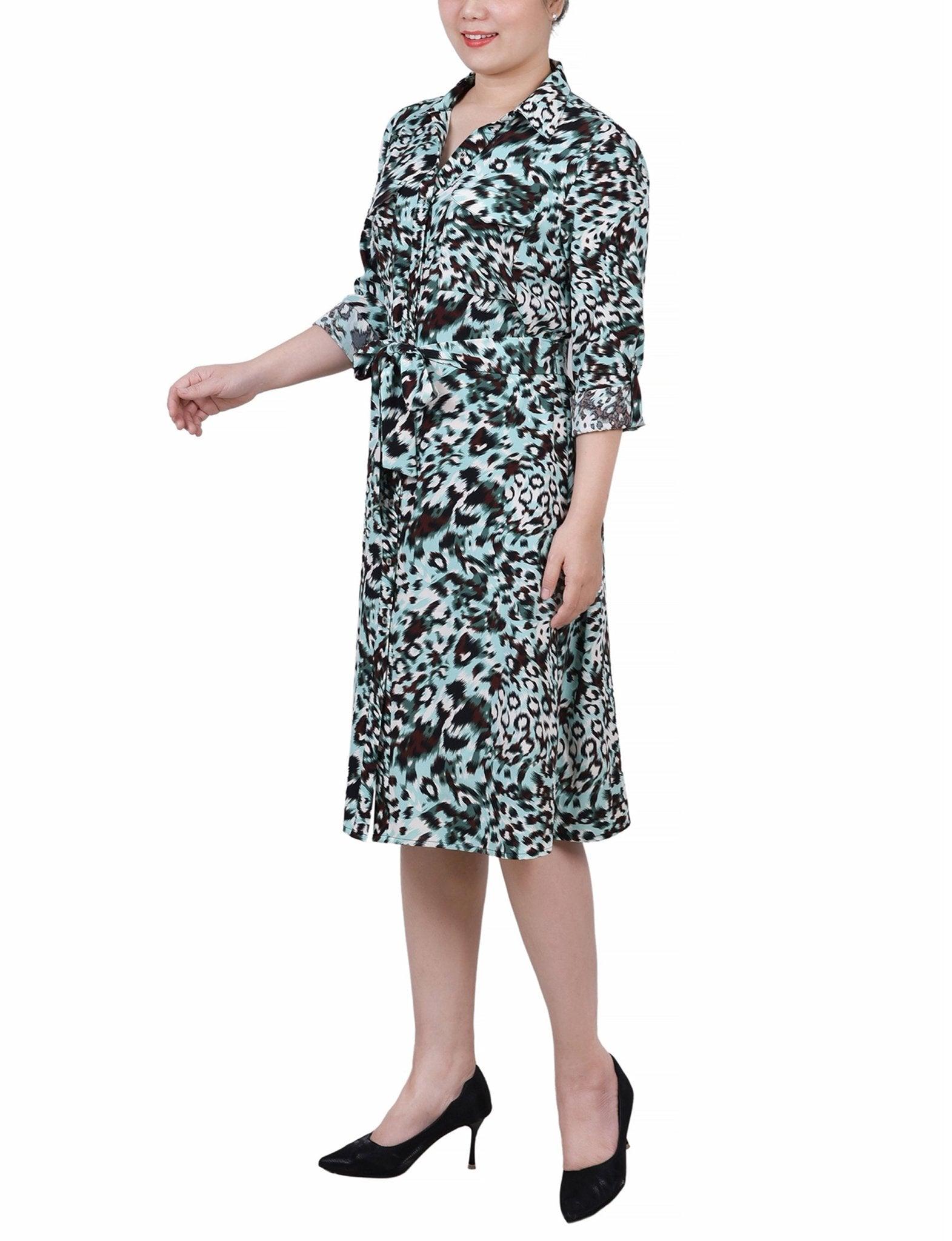 Cypress Inca Gold Navy Zigzag 3/4 Roll Tab Sleeve Belted Shirtdress - Petite Product Image