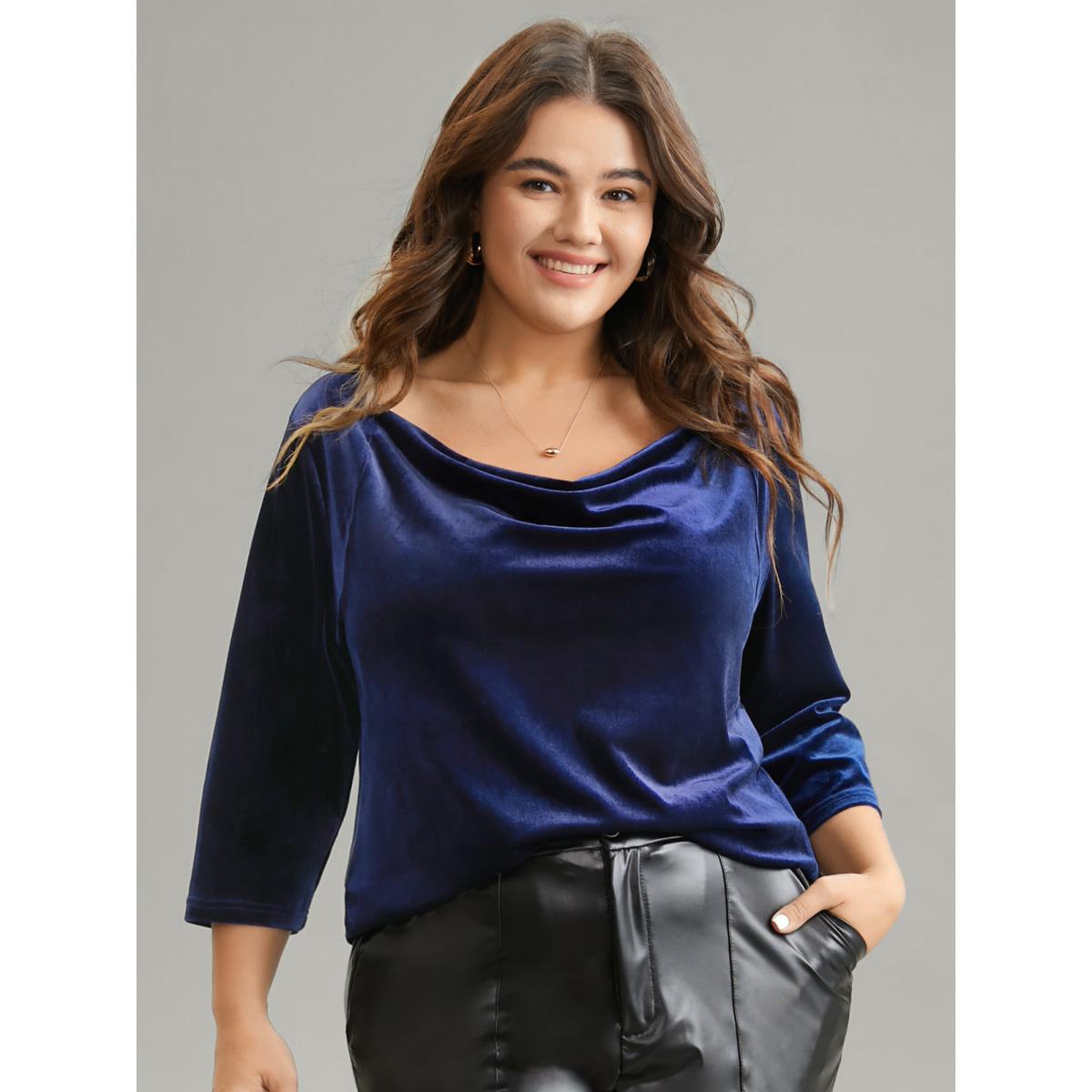 Plus Size Indigo Plain Velvet Cowl Neck Blouse Women Elegant Elbow-length sleeve Cowl Neck Party Blouses BloomChic 26/4X Product Image