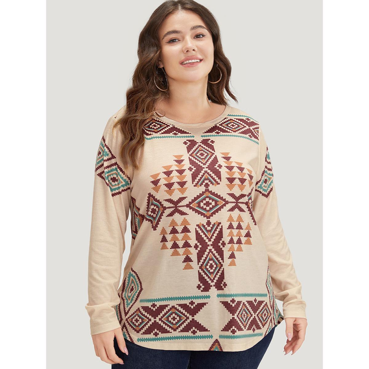 Plus Size Boho Print Crew Neck Curved Hem T-shirt Apricot Women Casual Printed Bohemian Print Round Neck Dailywear T-shirts BloomChic 14-16/1X Product Image