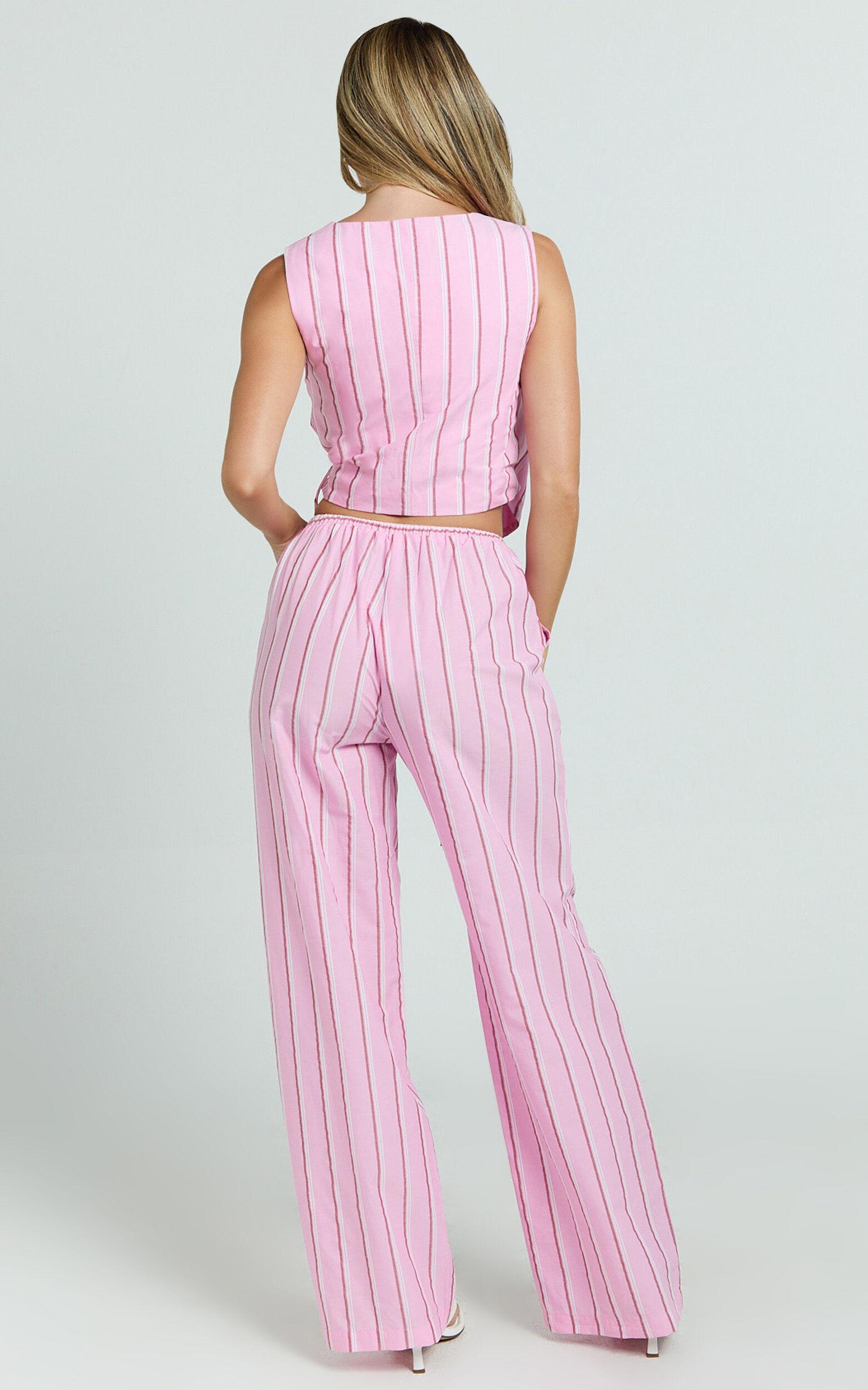Layla Pants - Mid Waisted Relaxed Elastic Waist Pants in Pink Stripe Product Image