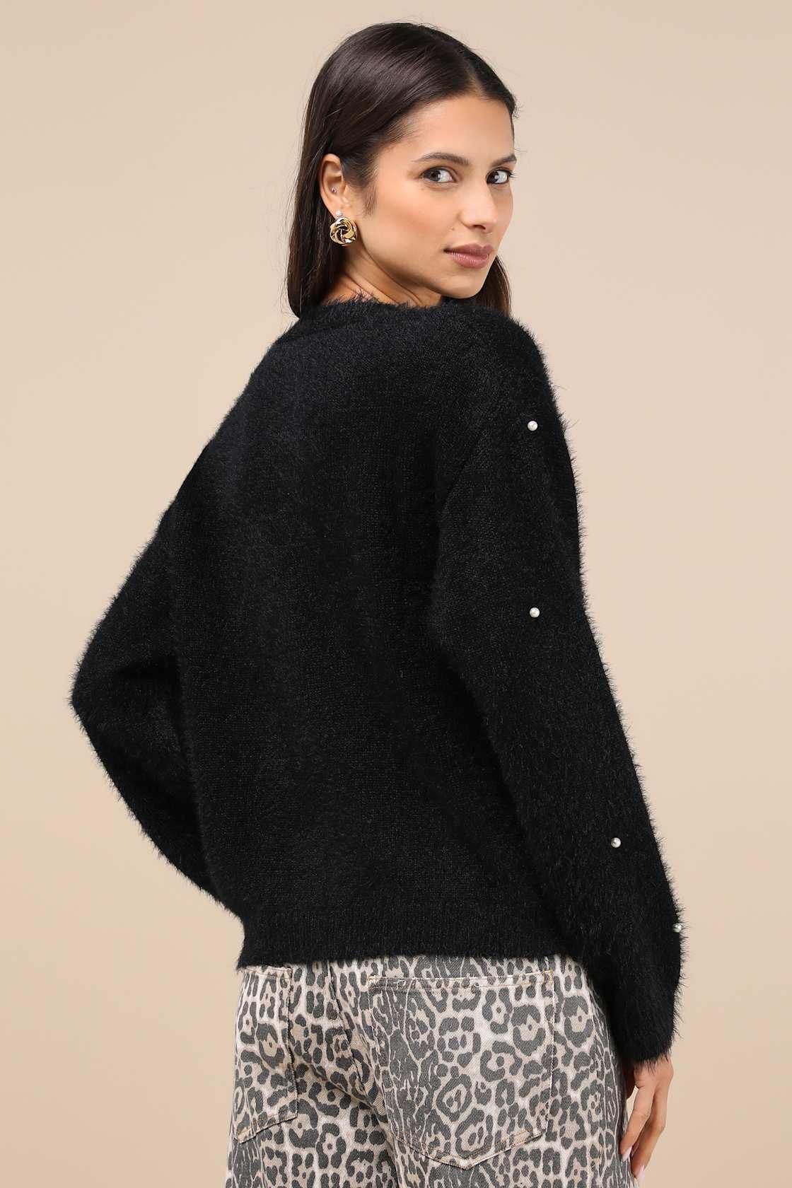 Chic Comforts Black Eyelash Knit Pearl Cardigan Product Image